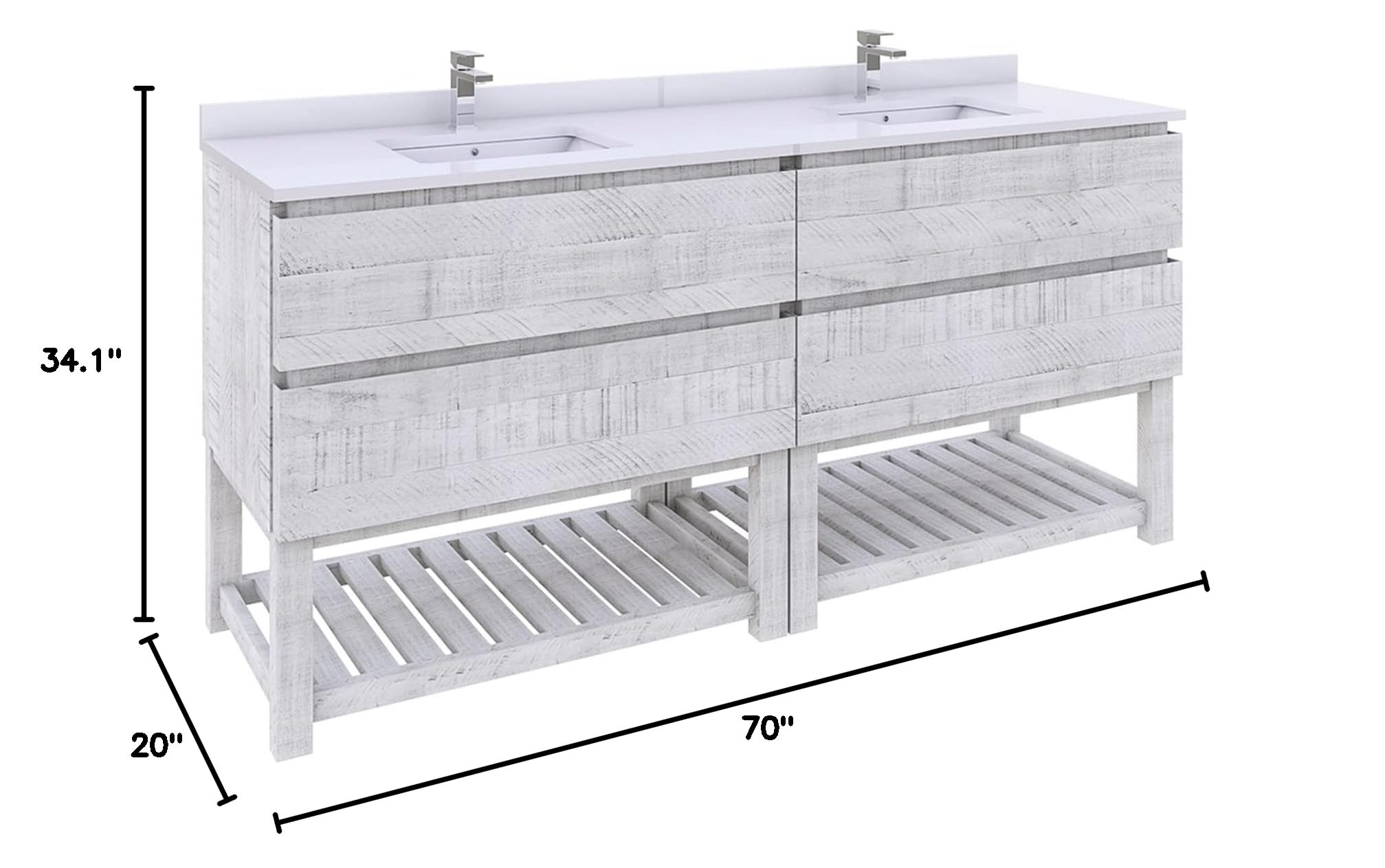 Fresca Stella 70-Inch Open Base Double Bathroom Vanity Cabinet in Rustic White - Modern Farmhouse Style Bathroom Storage for Master Bath & Powder Room