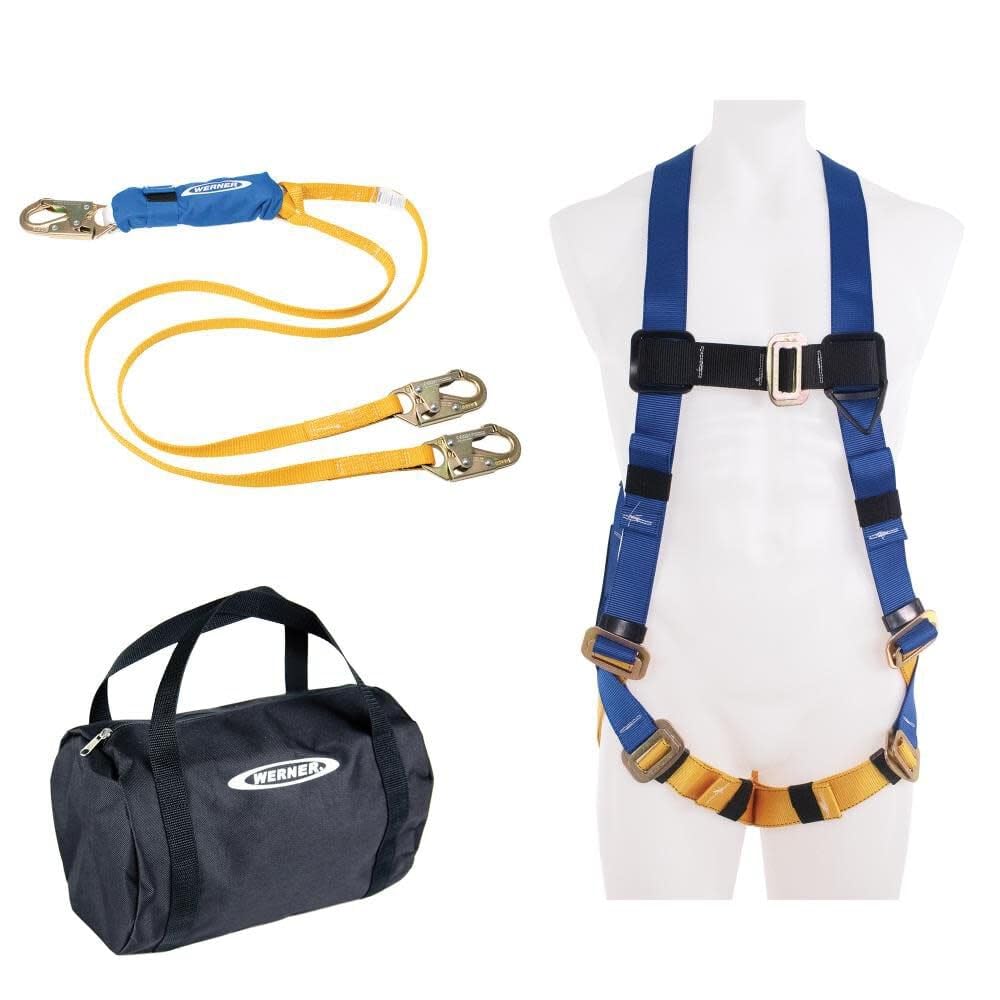 Werner Aerial Kit with Basewear Standard Harness & 6ft Decoil Dual Leg Lanyard - Professional Safety Equipment for Construction, Roofing, and Utility Work
