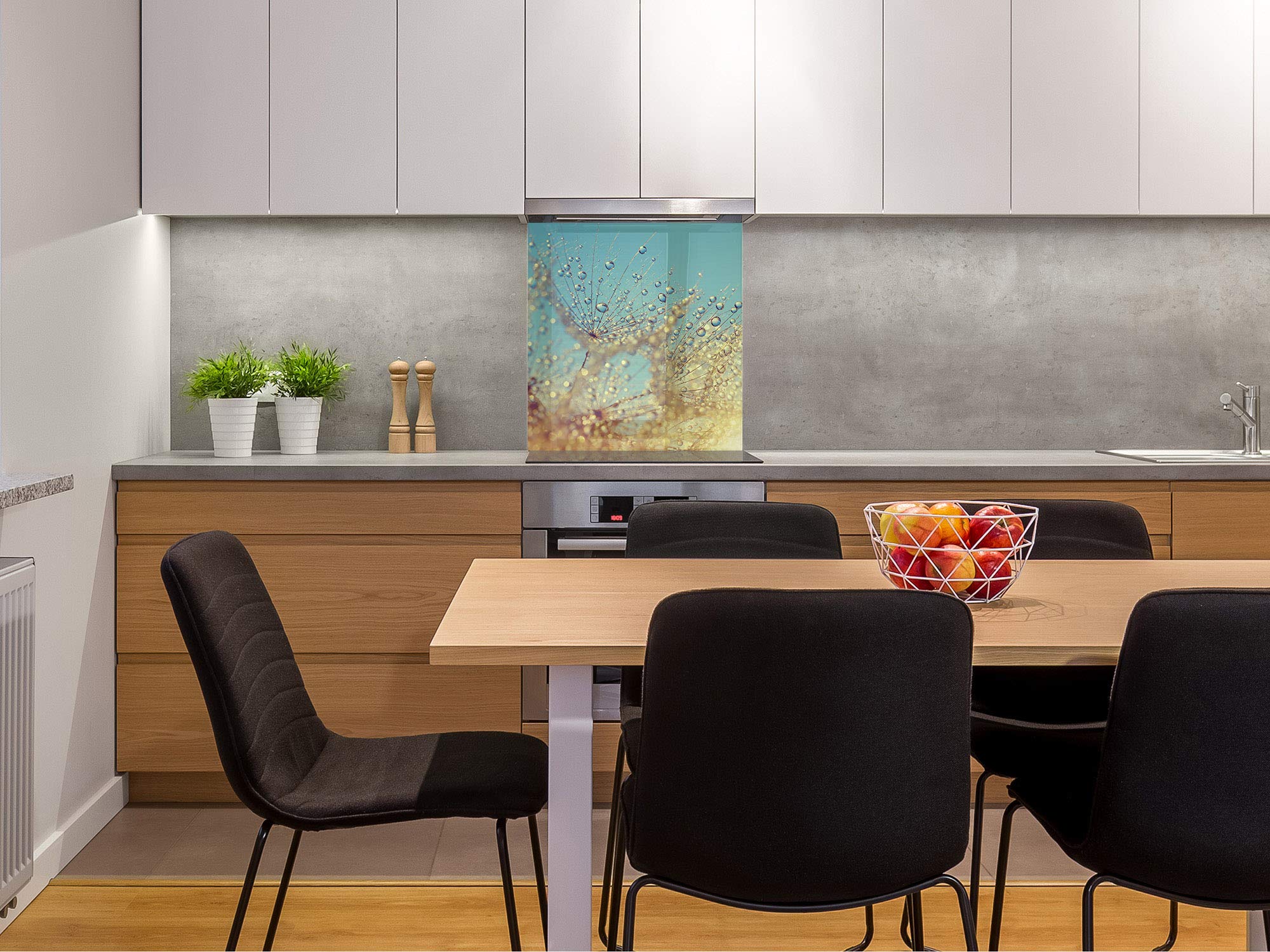 Concept Crystal Toughened Glass Backsplash - Art Glass Design Printed Glass Splashback BS 04 Dandelion and Flowers Series: Dandelion Drops 4 | Modern Kitchen Backsplash, Bathroom Wall Decor, Stylish Home Upgrade