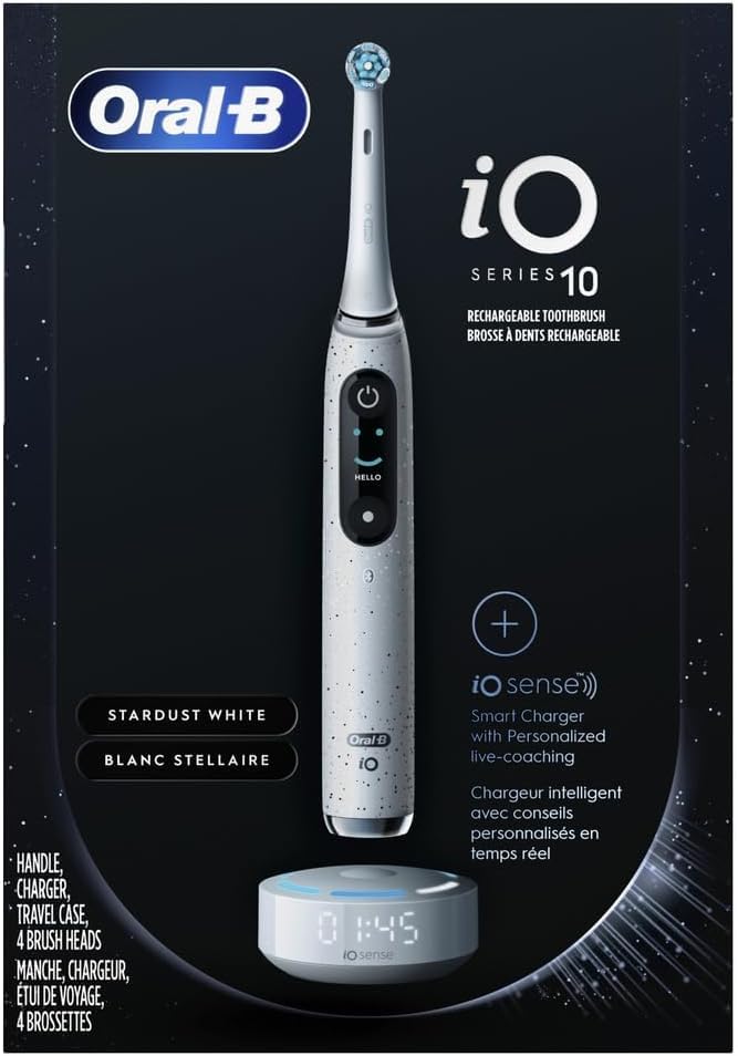 Oral-B iO Series 10 Rechargeable Electric Toothbrush with Pressure Sensor, 2-Minute Timer & 7 Cleaning Modes - Includes 4 Brush Heads & Travel Case - Perfect for Travel, Home & Sensitive Teeth Care (White)