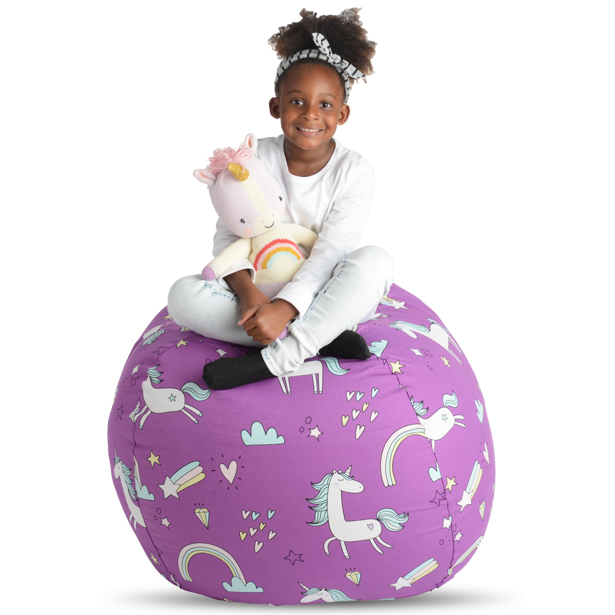 Creative QT Stuff 'n Sit Large 33'' Stuffed Animal Storage Bean Bag Cover - Giant Plush Toy Organizer for Kids' Bedroom, Toddler Playroom & Nursery Decor - Purple Unicorn Design for Fun Playtime & Cozy Reading Nook