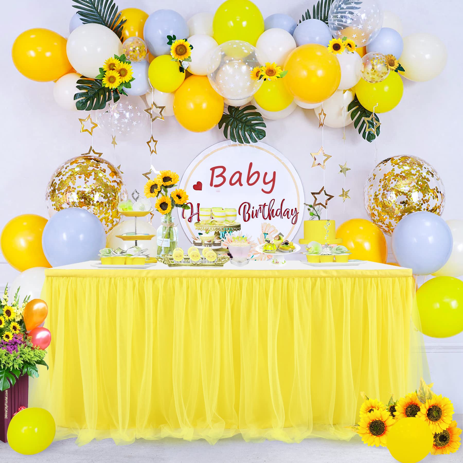 Suppromo Yellow Tulle Table Skirt - 6ft Ruffle Tutu Tablecloth for Rectangle & Round Tables | Perfect for Sunflower Birthday Parties, Lemonade Stands, Baby Showers, Wedding Cake & Dessert Table Decorations | Ideal for Indoor & Outdoor Events