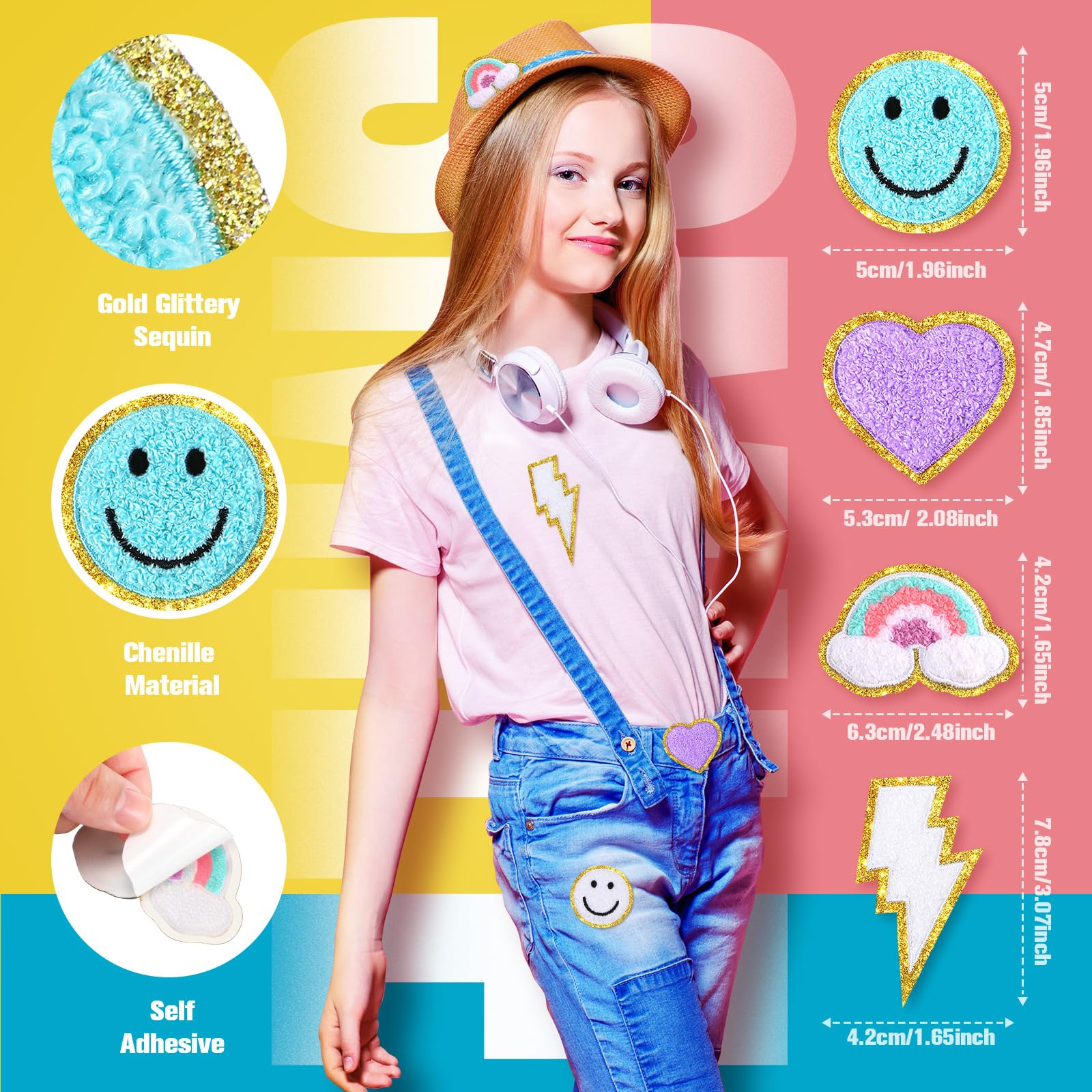 80 Pcs 3D Cute Embroidered Iron-On Patches - Rainbow, Lightning, Smile Face & Heart Designs - Self-Adhesive Fabric Applique for DIY Clothing, Jackets, Jeans (Multiple Styles) - Perfect for Customizing Kids' Outfits, Denim Jackets & Backpacks