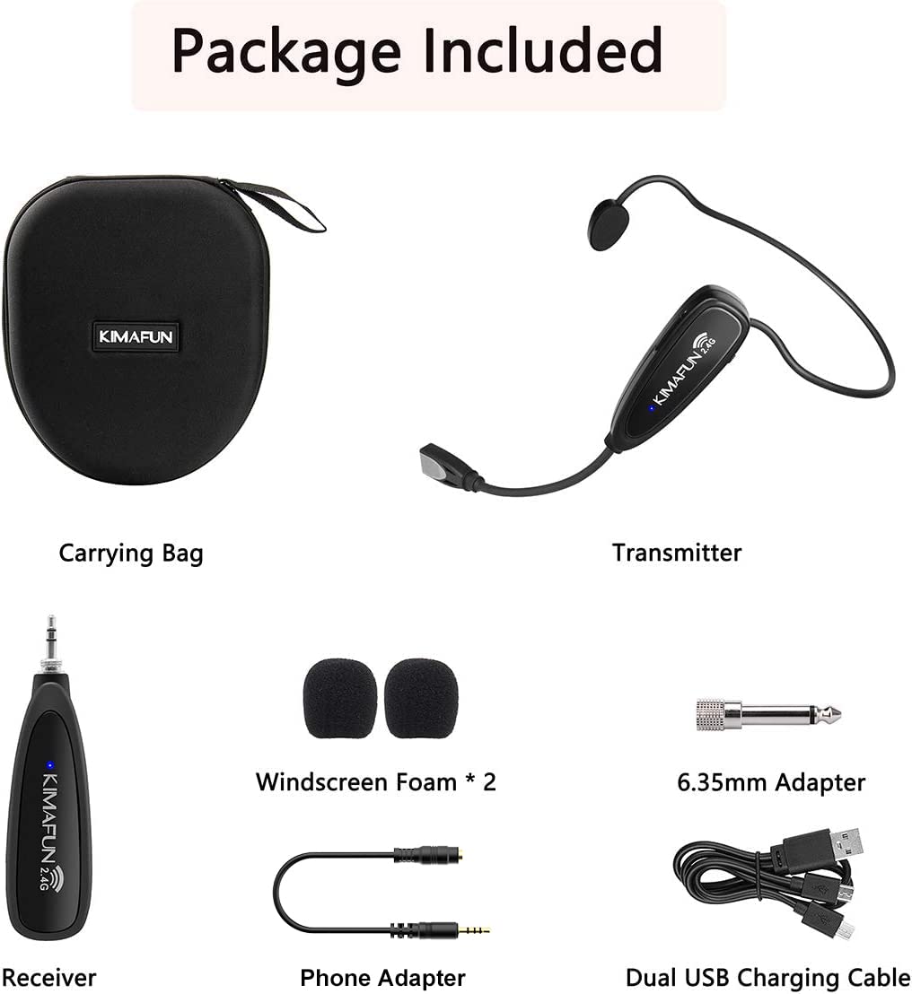 KIMAFUN Wireless Headset Microphone System - No Bluetooth Needed, Waterproof Head Mic for Fitness Instructors, Online Teaching, Yoga Classes, Spinning Coaches & Public Speakers | Compatible with iPhone & Android Phones (Model G100-1) | Perfect for Gym Sessions, Virtual Lessons & Live Presentations