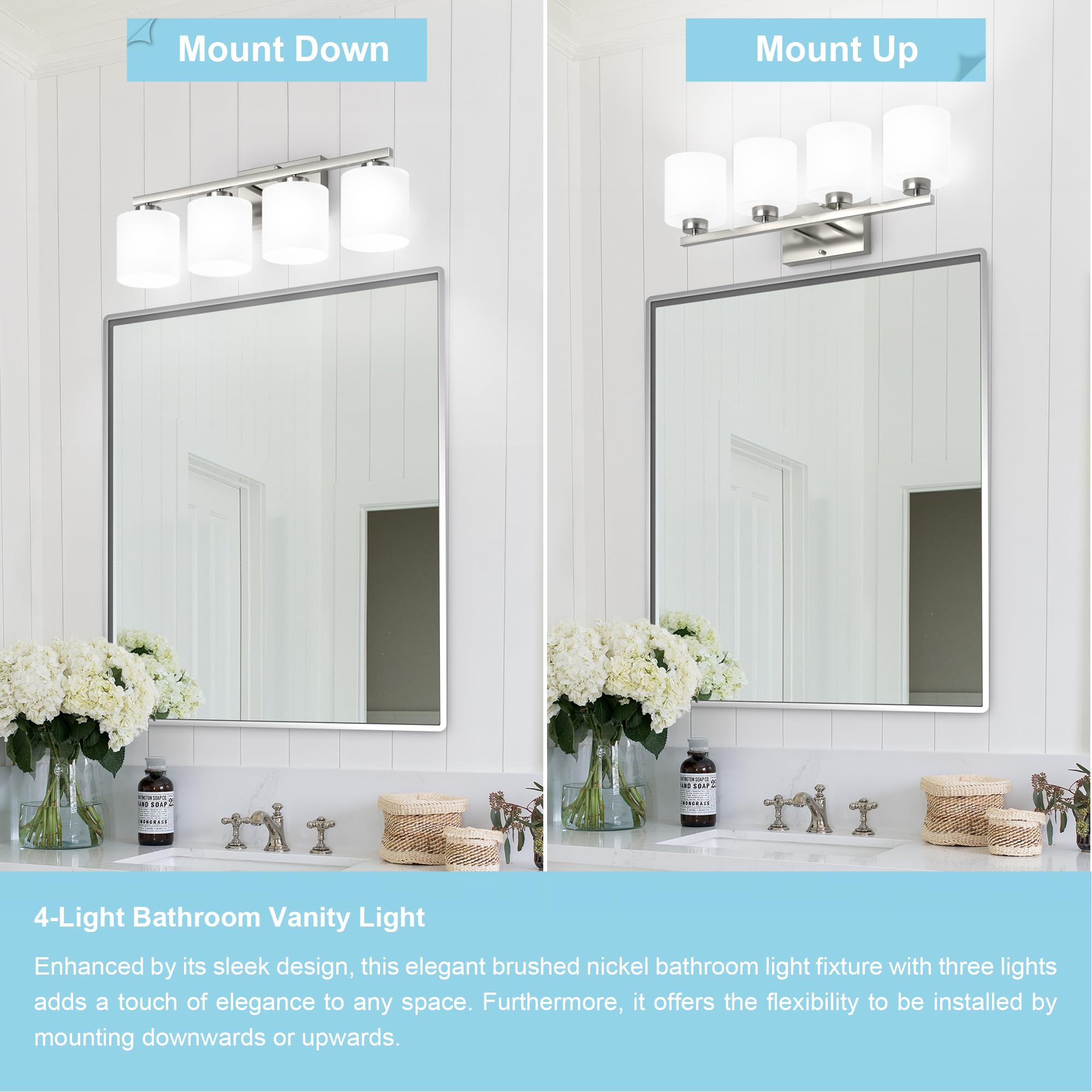 Modern 4-Light Bathroom Vanity Light Fixture - Brushed Nickel Finish with Frosted Shade & Anti-Rust Coating, E26 Base - Perfect for Bathroom, Powder Room & Dressing Area Lighting