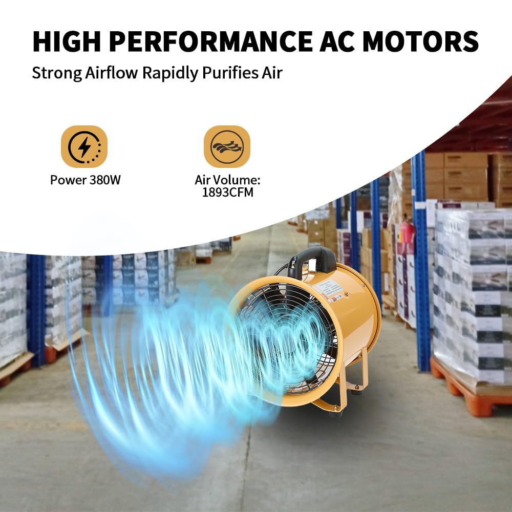 ONNAO 8 Inch High Velocity Utility Blower Fan - 3300 RPM Industrial Ventilator with 16 ft Flexible Duct Hose (1500 m³/h Airflow) - Perfect for Workshop, Garage, Basement & Home Ventilation