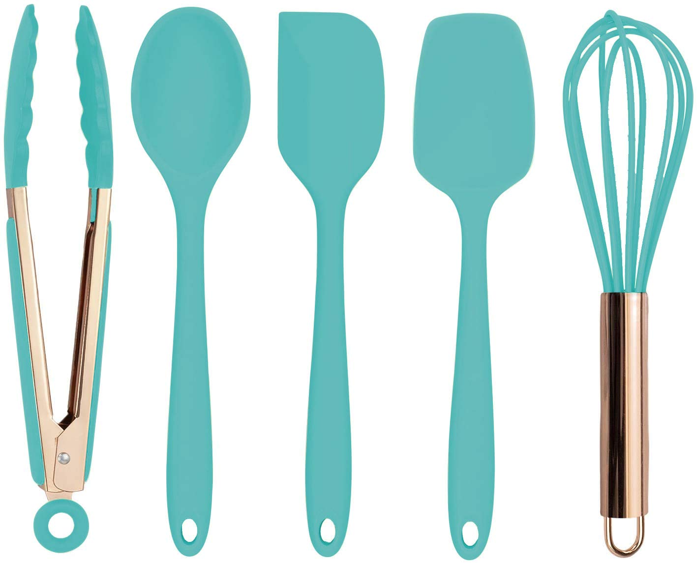 Colorful 5-Piece Silicone Cooking Utensil Set - Nonstick Safe Kitchen Tools with Heat-Resistant Heads & Ergonomic Handles (Mint Green/Copper) - Perfect for Baking, Sauteing & Nonstick Cookware Care
