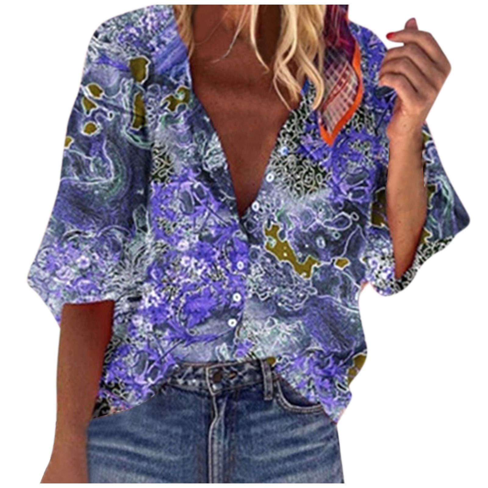 Plus Size Women's Casual Long Sleeve Button Down Shirt - Flowy Loose Fit Printed Summer Tops for Work, Travel & Everyday Wear