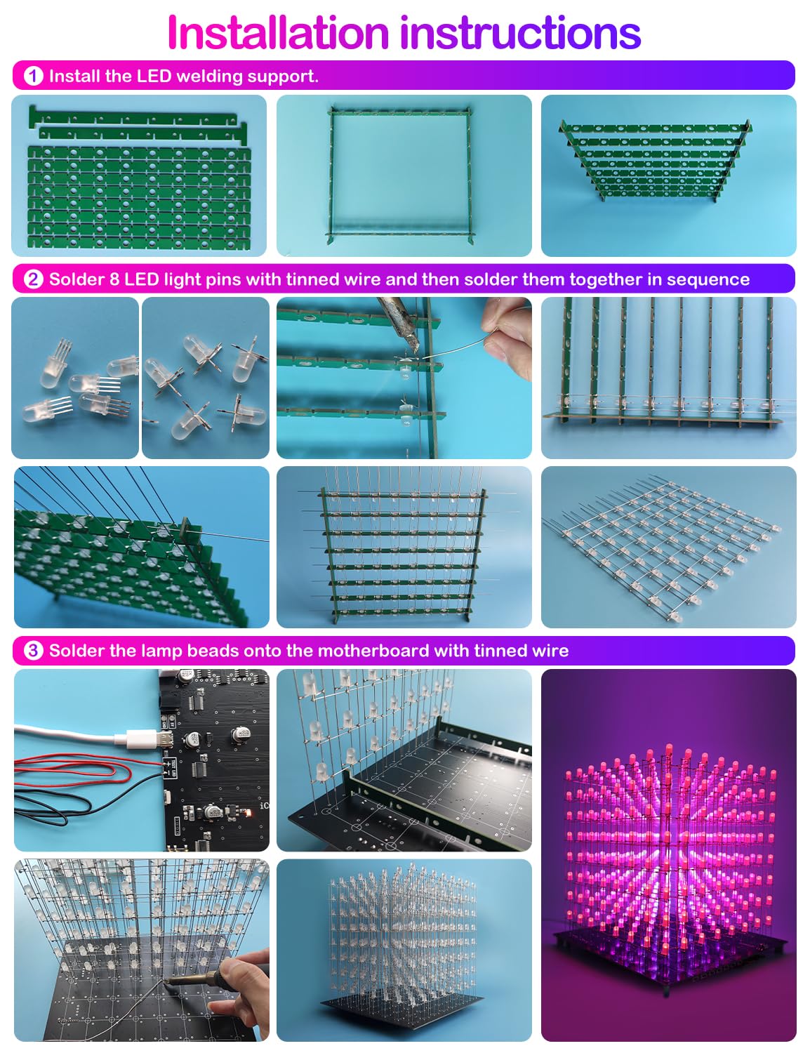 3D8RGB LED Cube Kit - 8x8x8 DIY Electronics Soldering Project with RGB Lights for STEM Learning & Home Decoration | Perfect Gift for Tech Enthusiasts & Hobbyists (3D8RGB-KIT)