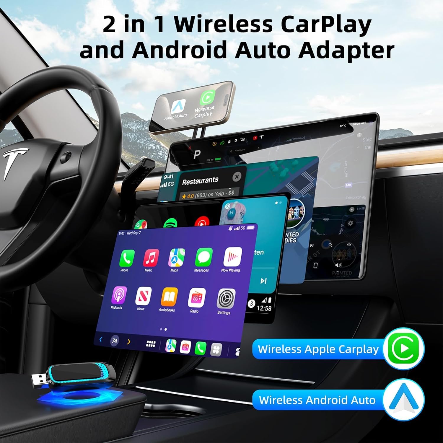 2-in-1 Wireless CarPlay & Android Auto Adapter with RGB Ambient Lighting - Fast & Stable Wired to Wireless Converter for iPhone & Android - USB-A/USB-C Compatible - Perfect for Commuting, Road Trips & Hands-Free Driving