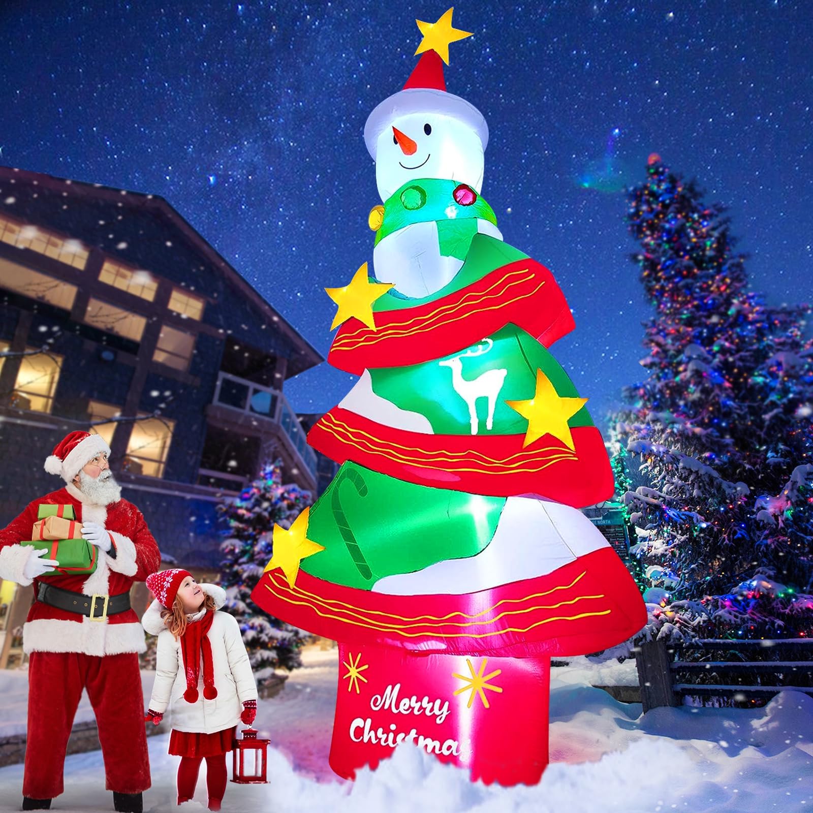 TURNMEON 12ft Inflatable Christmas Decorations - LED Light Up Outdoor Christmas Tree & Snowman Inflatables with Tethers & Stakes for Yard, Lawn, Garden - Holiday Party Decor for Xmas, Winter Celebrations