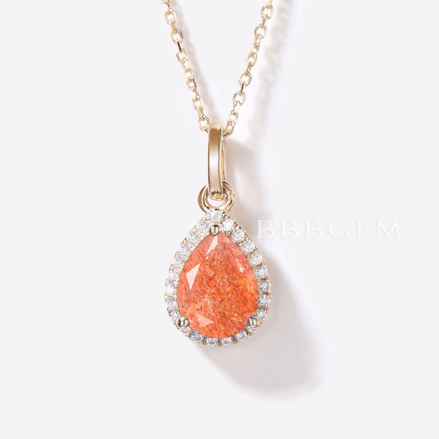 Pear Shaped Sunstone Necklace - 14k Gold & Diamond Halo Wedding Pendant for Brides, Anniversary Gifts & Special Occasions