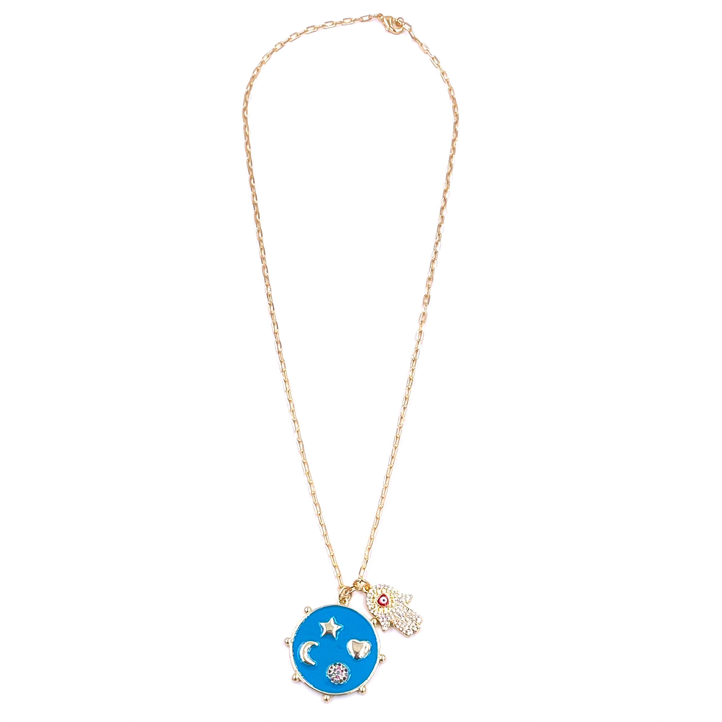 Stainless Steel Gold Plated Blue Enamel Hamsa Hand Pendant Necklace with CZ & Evil Eye Charm - Elegant Jewelry for Women, Perfect for Gift Giving, Boho Fashion & Spiritual Protection