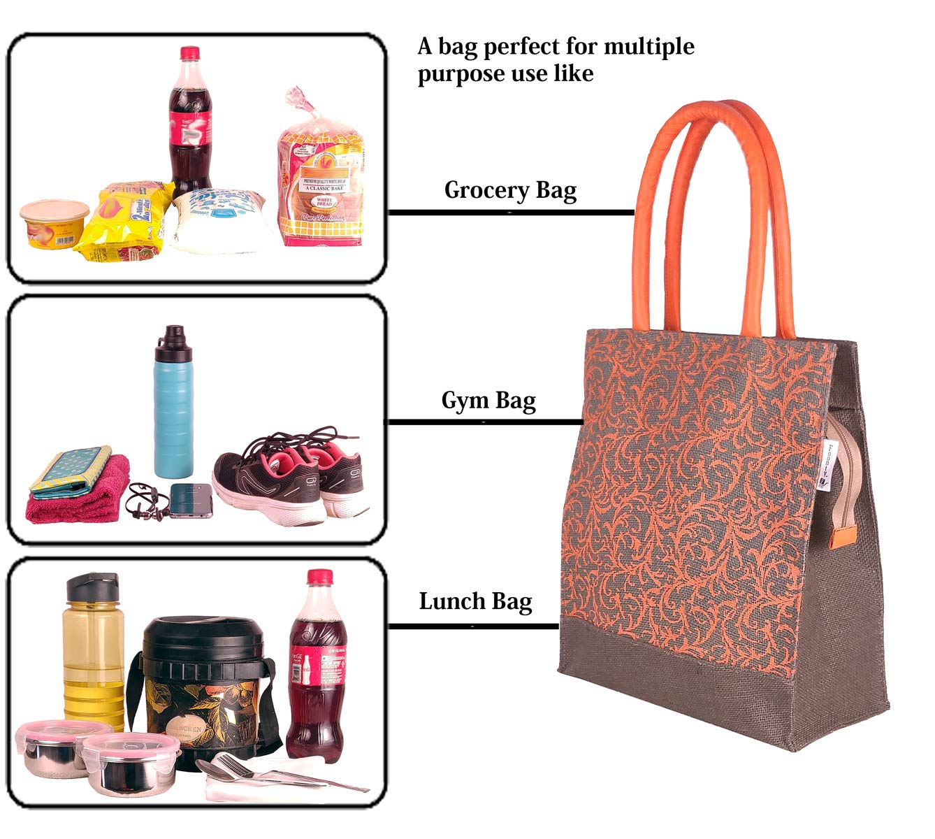 FOONTY Eco-Friendly Women's Jute Lunch Bag - Reusable & Durable Multi-Color Lunch Tote (FFFWB6005) for Work, School & Picnics | Sustainable Alternative to Plastic Bags