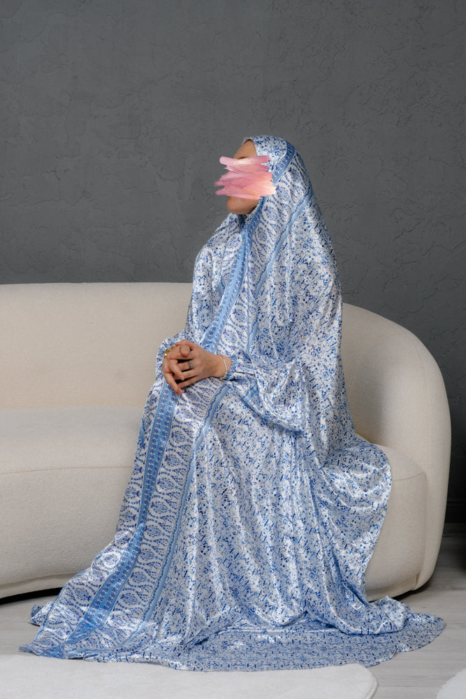Gzhel Print Home Prayer Gown Dress with Elastic Cuffs & Pouch - Comfortable Religious Attire for Prayer, Meditation & Relaxation at Home