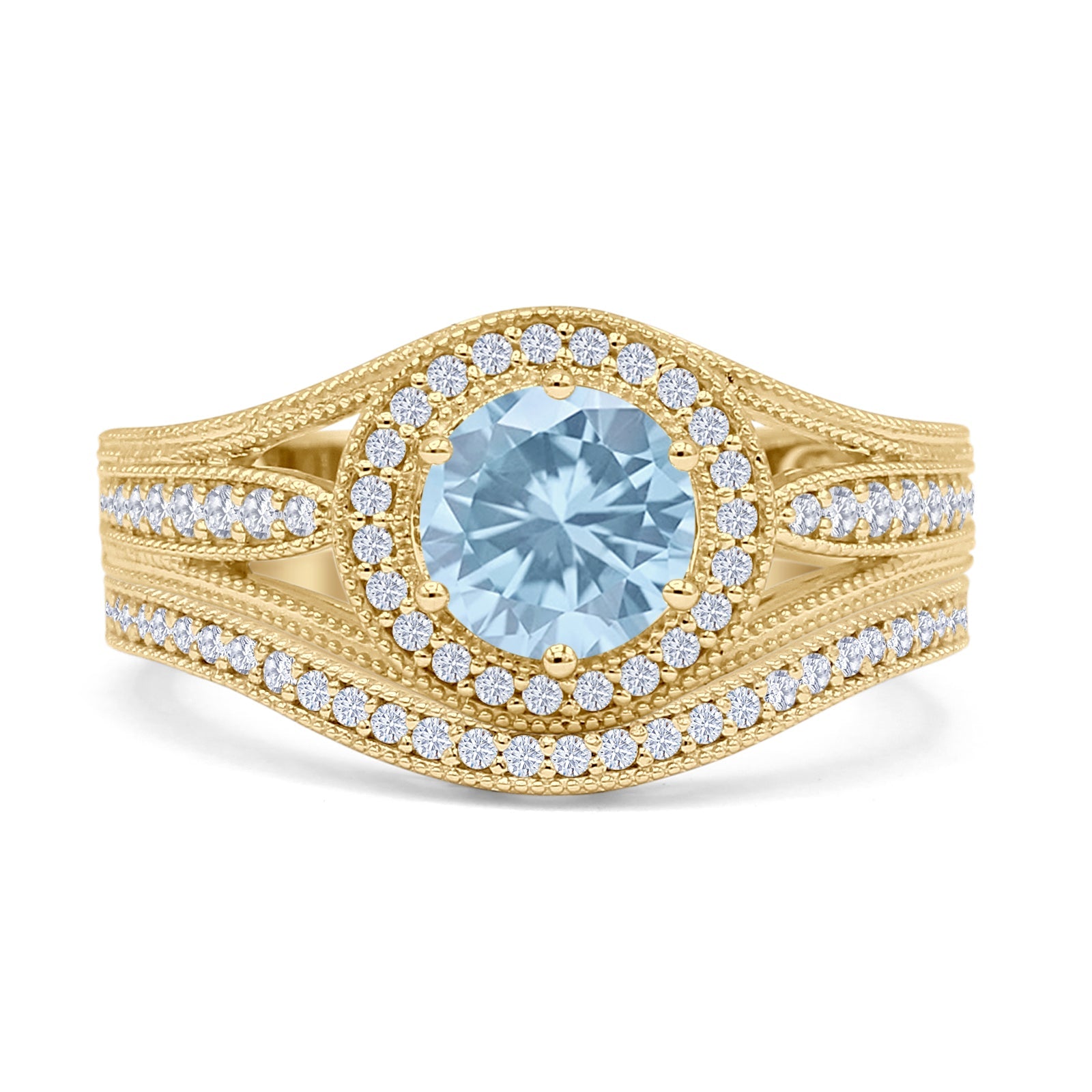 14K Yellow Gold Two Piece Round Halo Split Shank Curved Contour Band Natural Aquamarine Ring for Women - Elegant Wedding, Engagement & Anniversary Jewelry Gift
