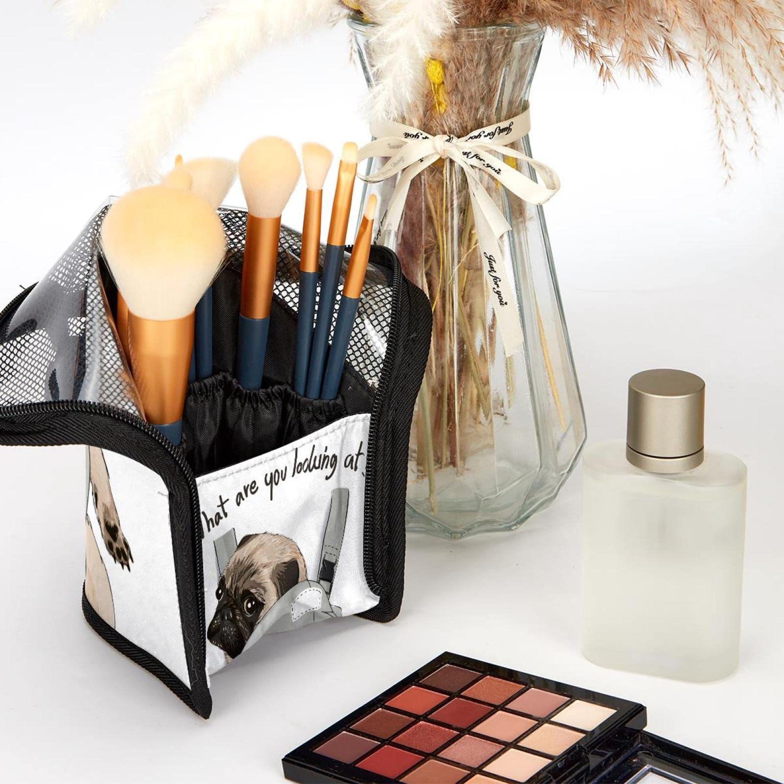 Portable Makeup Brush Organizer Bag with 12 Brushes - Cute Pug Dog Quote Backpack Style - Travel Cosmetic Brush Holder Case for Makeup Artists & Beauty Lovers (Perfect for Travel, Home Storage & Salon Use)