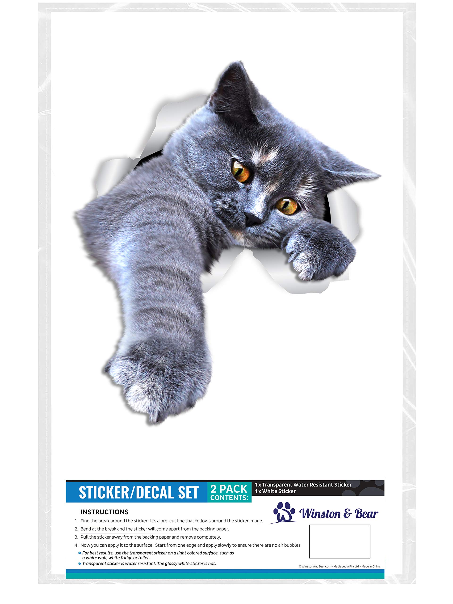 Winston & Bear 2-Pack 3D Grey Shorthair Cat Wall Decals - Removable Cat Toilet Stickers & Car Window/Bumper Decals - Perfect for Cat Lovers Home Decor & Car Accessories