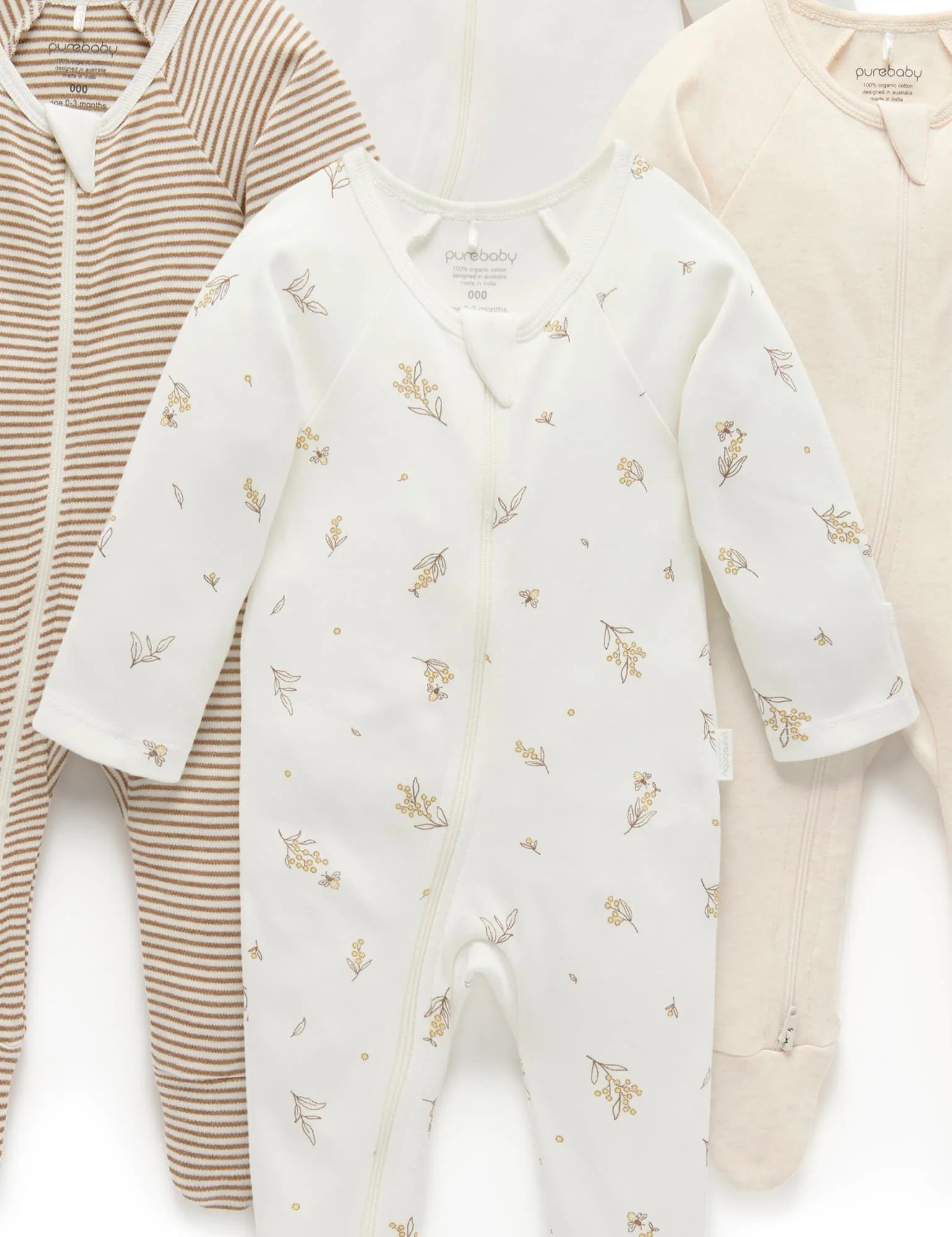 Purebaby Organic Zip Growsuit 4 Pack - Soft Cotton Baby Romper Set for Newborns & Infants (Vanilla Wattle Bee) | Perfect for Playtime, Daycare & Sleepwear