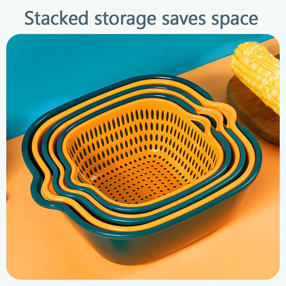 Stackable Multi-Layer Vegetable & Fruit Washing Basket Set - Kitchen Colander Strainer for Washing Produce (Blue & Yellow) - Perfect for Meal Prep, Salad Making & Organizing Fresh Fruits/Veggies