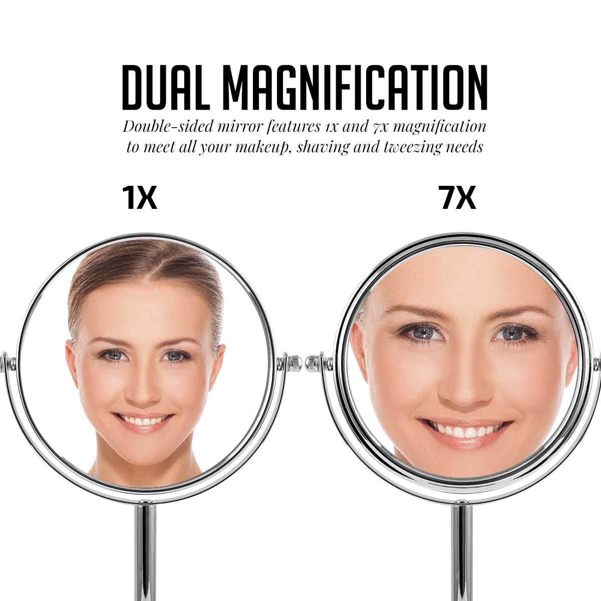 OVENTE 6-Inch Double-Sided Vanity Mirror with 1X/7X Magnification - 360° Swivel Stand, Polished Chrome Finish - Perfect for Makeup Application, Grooming & Skincare - Ideal for Bedroom Dresser, Bathroom Vanity & Office Desk