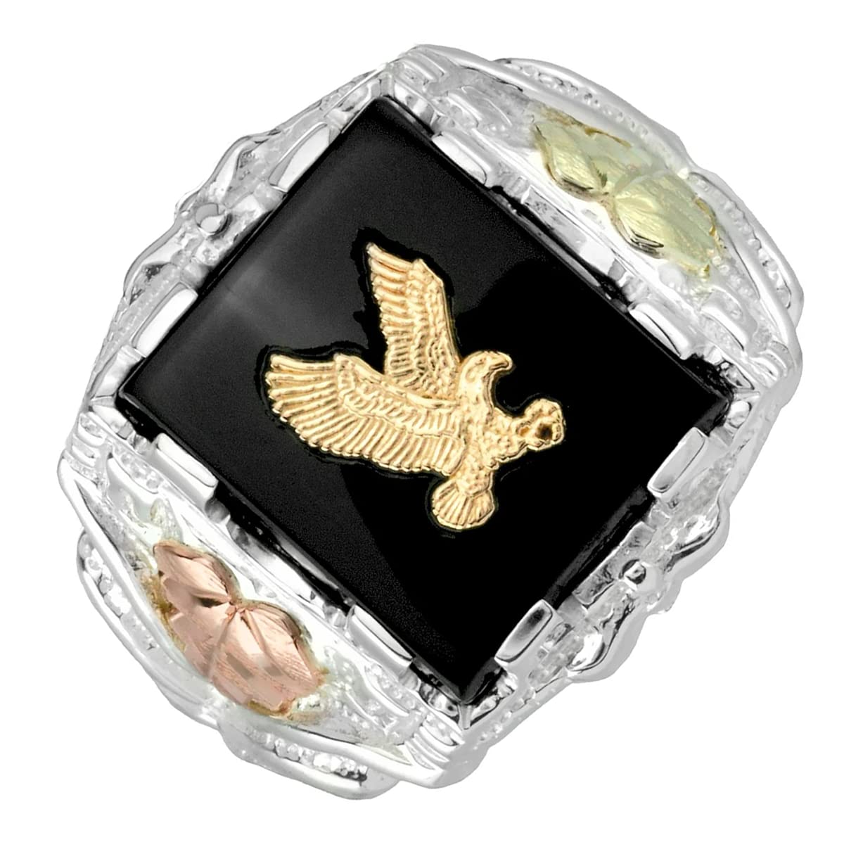 10k Yellow Gold & Sterling Silver Men's Onyx Eagle Ring with 12k Green & Rose Black Hills Gold - Perfect for Gifts, Weddings & Special Occasions
