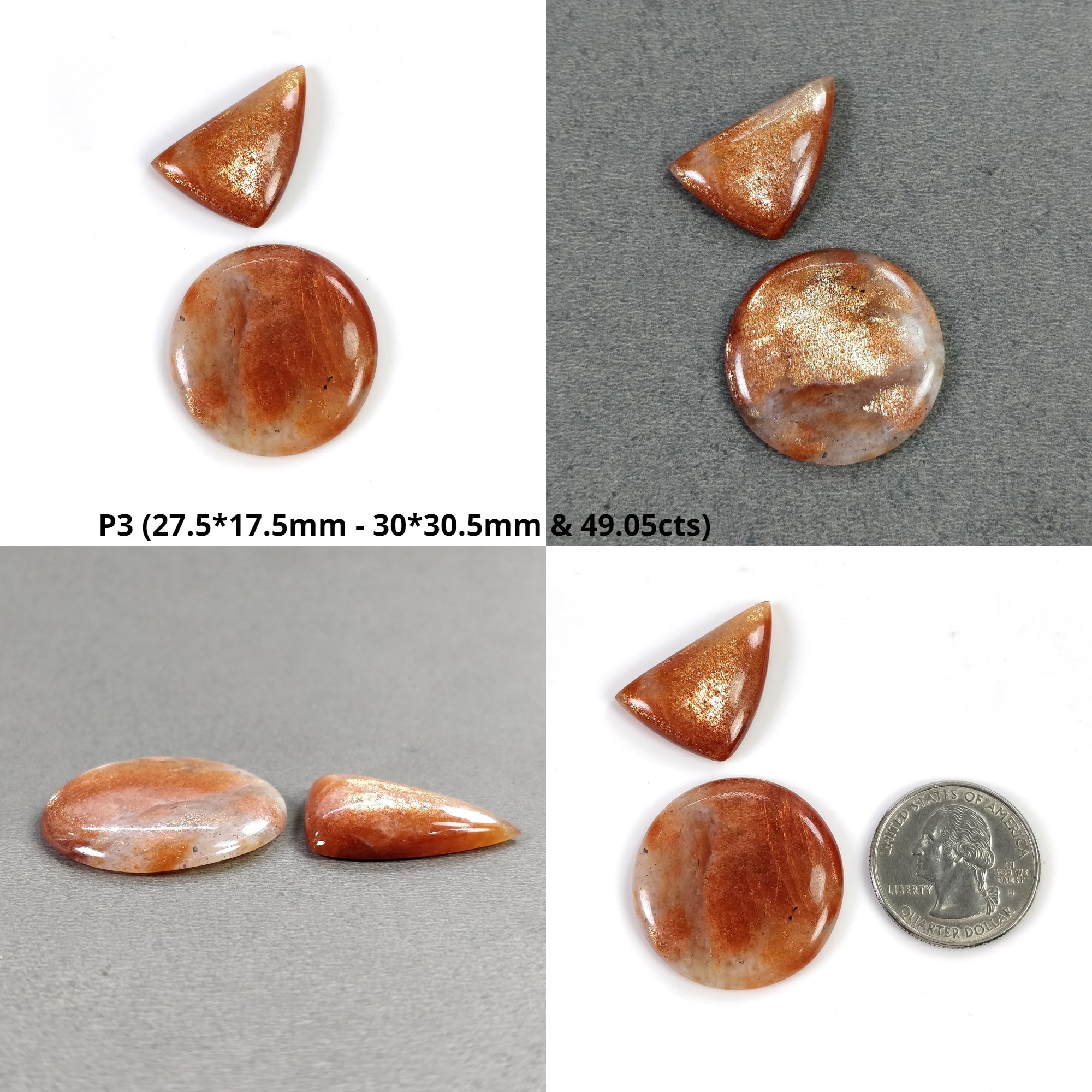 Natural Untreated Chatoyant Orange Sunstone Gemstone Cabochon - 2pcs Oval, Pear & Round Shapes for Jewelry Making, Wire Wrapping & Crystal Healing