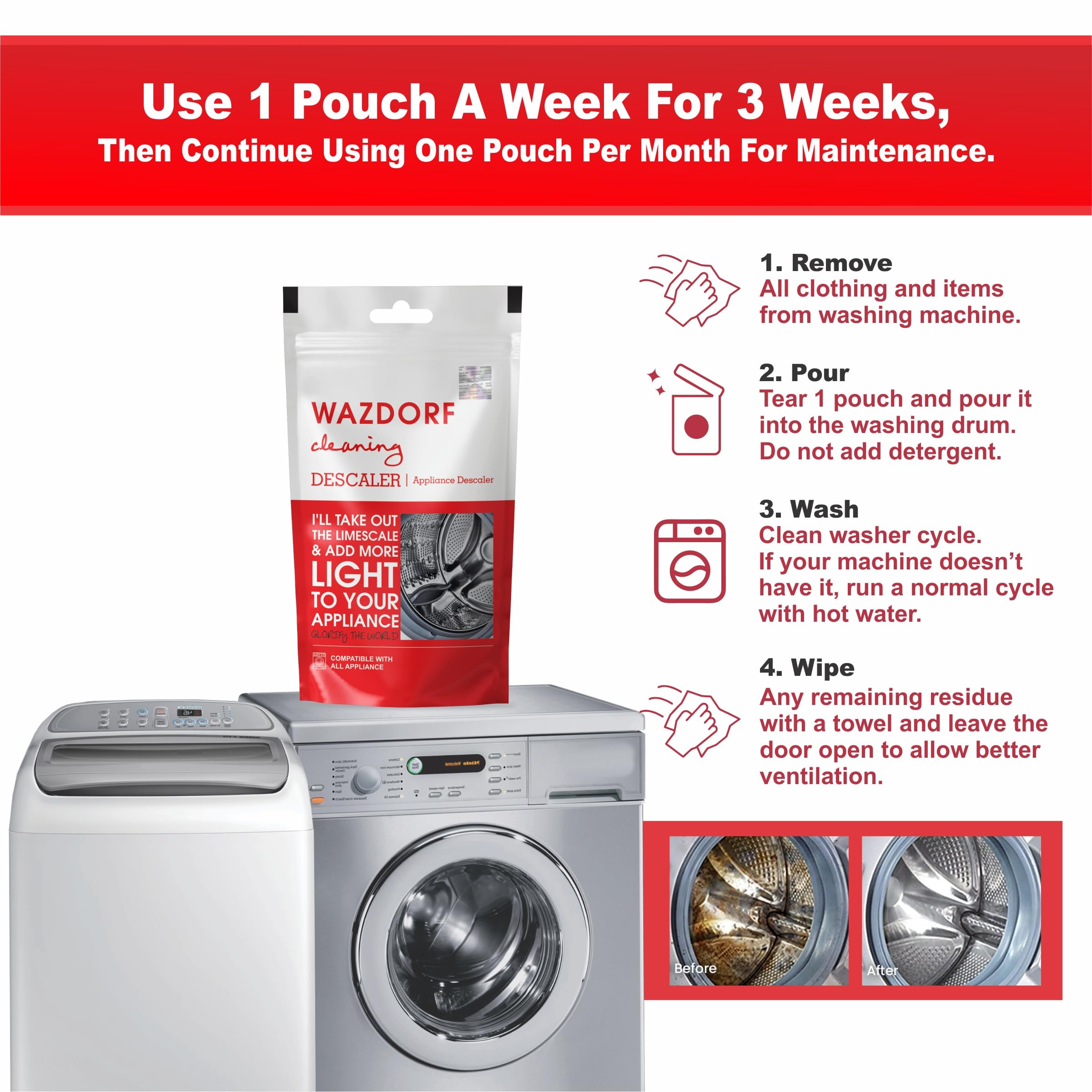 Washing Machine Cleaner & Descaler Powder - Front Load & Top Load Washer Detergent, Drum Cleaner (100g x 4 Pack) | Removes Odor, Mold & Limescale | For HE, Standard & Portable Washing Machines