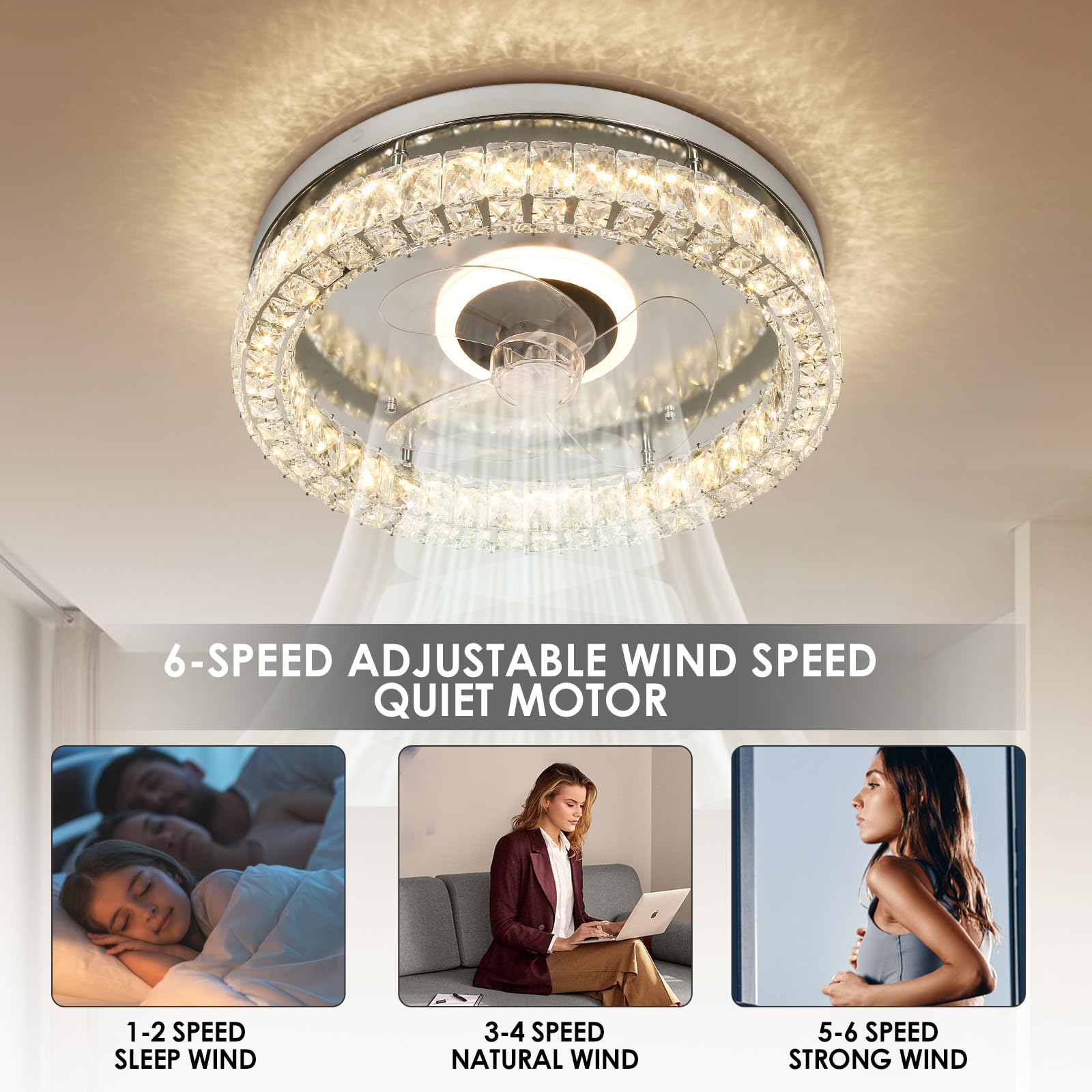 CLAIRDAI Modern Crystal Flush Mount Ceiling Fan with Lights - Remote Control, Dimmable LED Fandelier, Low Profile Design (Chrome) - Perfect for Bedroom, Living Room & Dining Room Lighting
