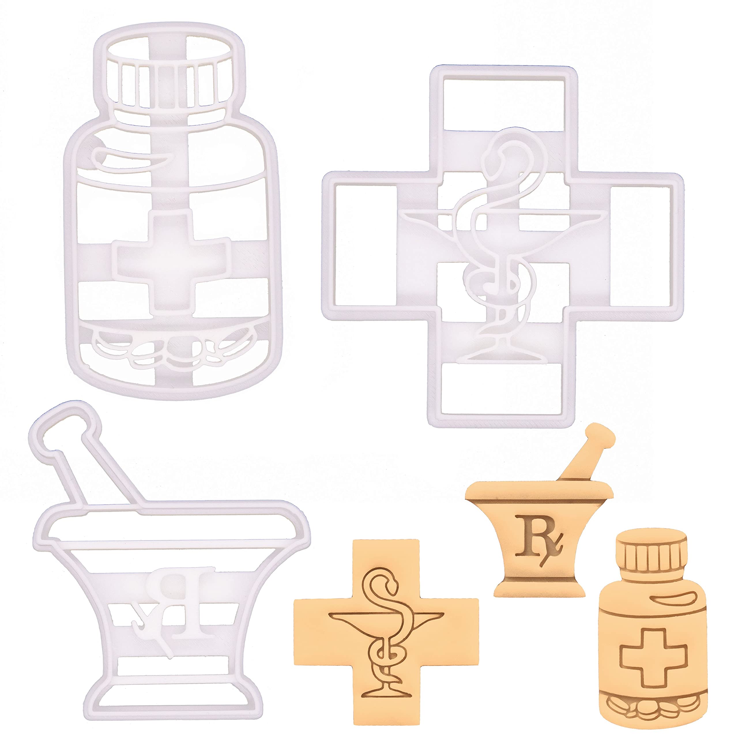 Set of 3 Pharmacy-Themed Cookie Cutters - Pill Bottle, Mortar & Pestle, Pharmacy Logo | 3-Piece Baking Tools for Medical-Themed Cookies, Pharmacist Gifts & Healthcare Party Decorations