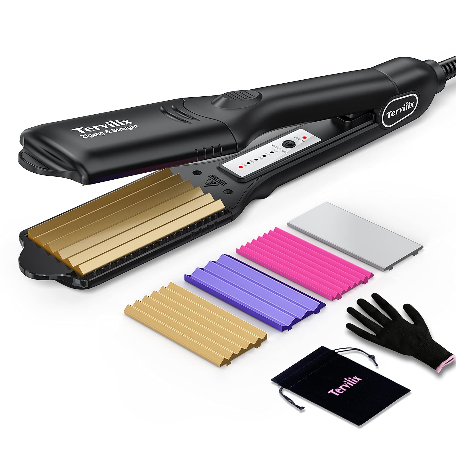 Terviiix Hair Crimper for Women with 4 Interchangeable Plates - Keratin & Argan Oil Infused Crimping Iron for Voluminous Waves & Curls - 5 Heat Settings & 60 Min Auto Off - Perfect for Beach Waves, Boho Hairstyles & Party Looks