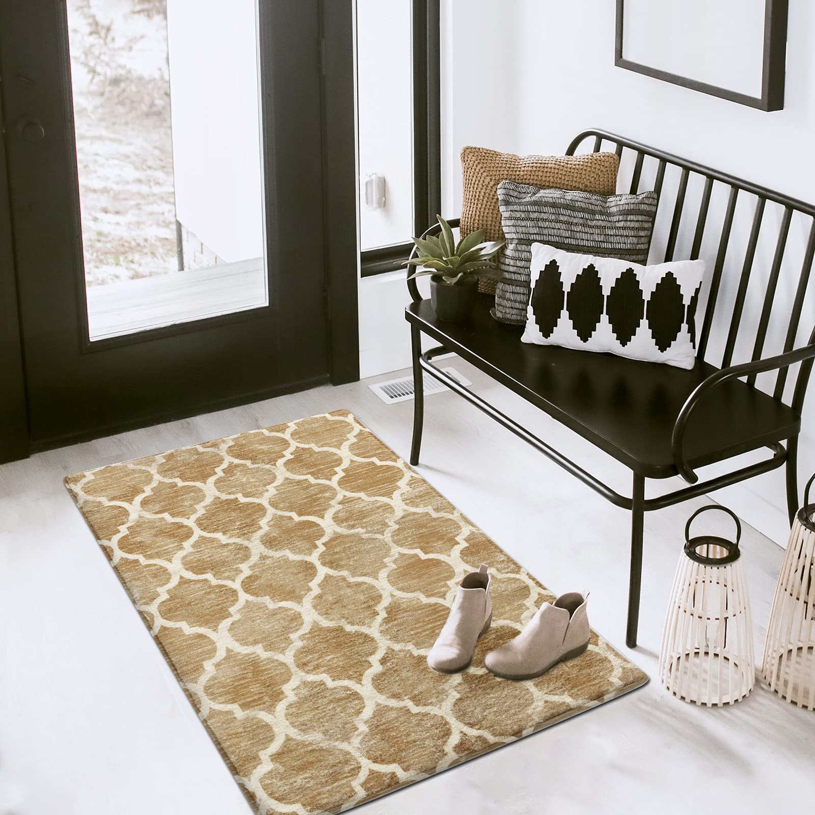 Soft Velvet Moroccan Trellis Area Rug - 2'x3' Brown Distressed Accent Rug for Bathroom, Entryway, Kitchen & Laundry Room - Microfiber Shag Mat for Home Decor & Cozy Living Spaces