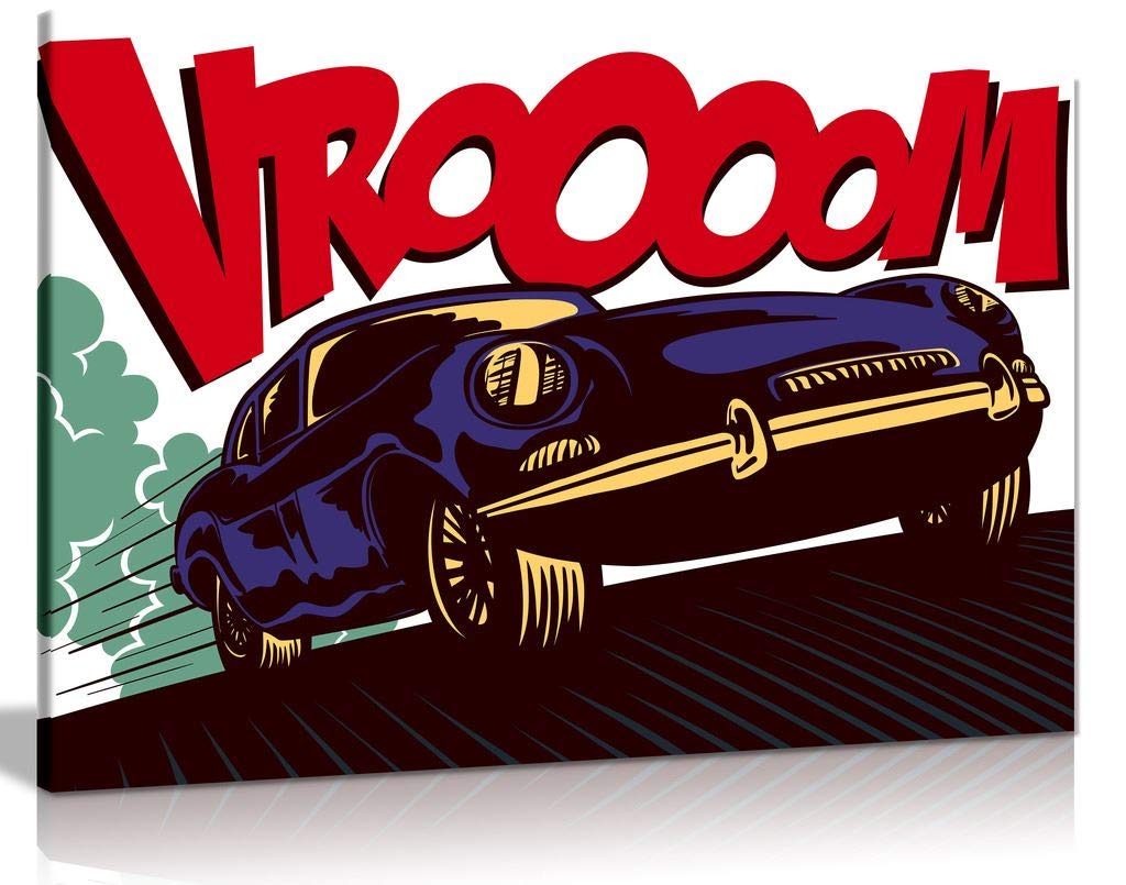 Pop Art Modern Comic Car Vroom Canvas Wall Art Print - 30x20 Inches Vibrant Home Decor for Living Room, Bedroom & Office