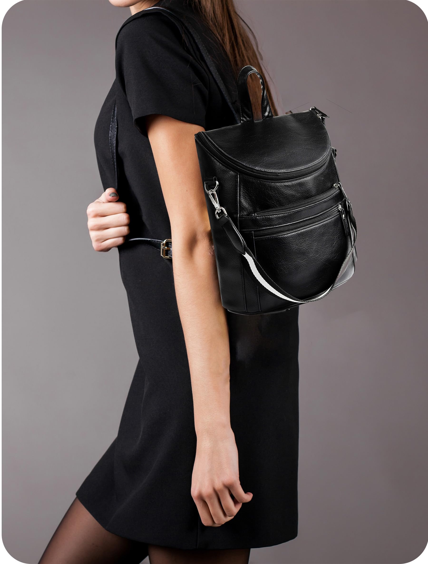 Nollia Women's Black Leather Mini Backpack - Adjustable Strap Daypack for Travel & Work
