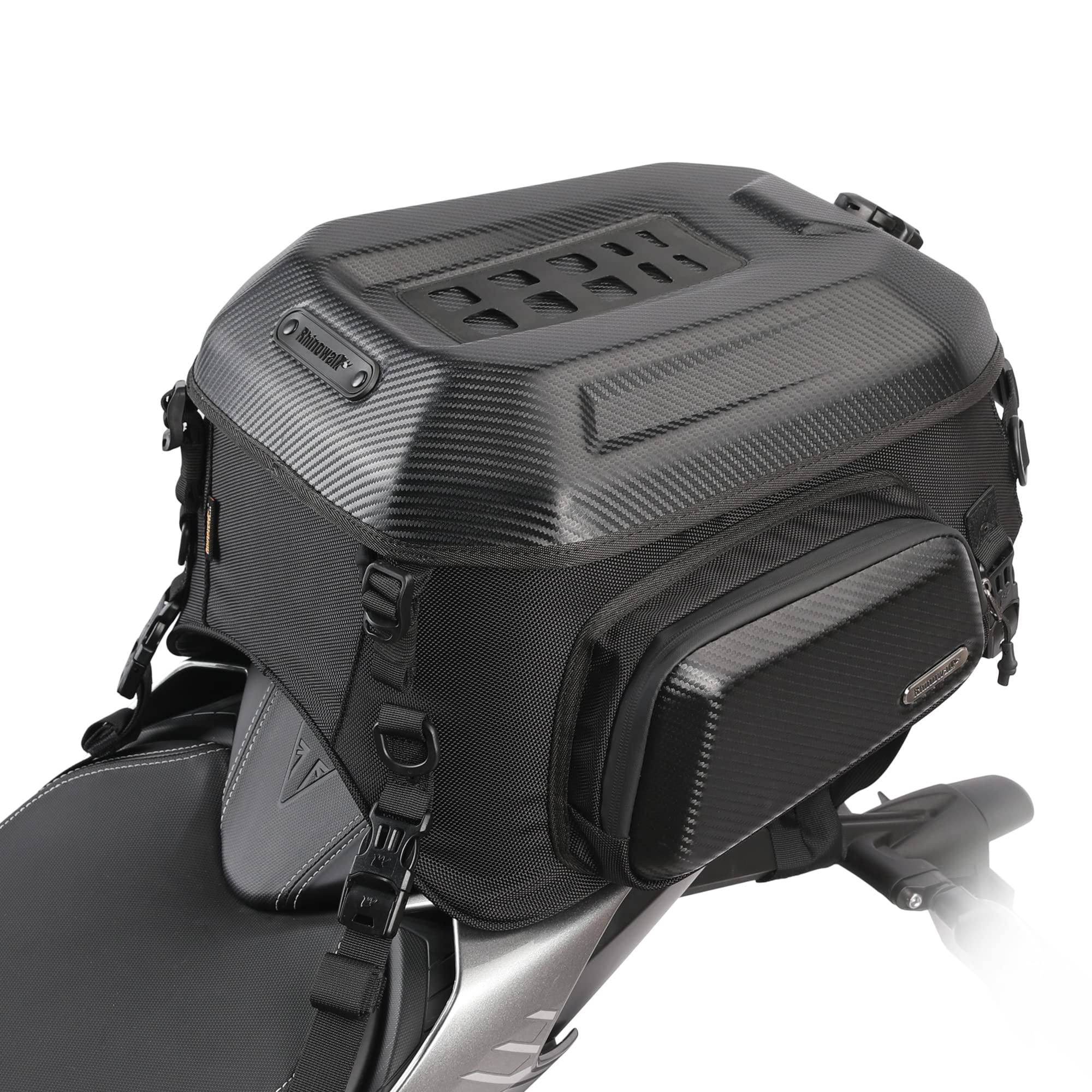 Rhinowalk Motorcycle Tail Bag 23-35L - Waterproof Hard Shell Rear Seat Bag with Expandable Storage, Helmet Holder & Luggage Compartment - Perfect for Commuting, Road Trips & Adventure Riding