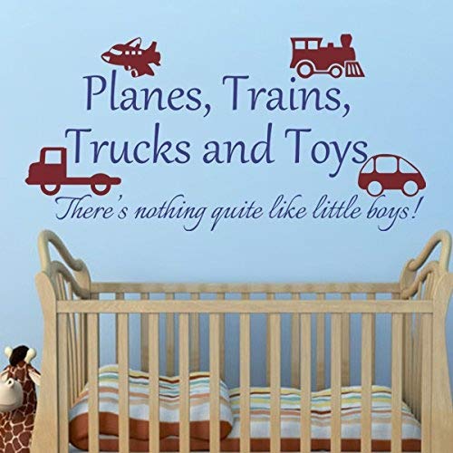 Playroom Wall Decal - Planes, Trains & Trucks Nursery Wall Sticker with Inspirational Quote - Baby Room Decor for Boys & Girls (Toys: Tomato Red, Words: Teal) - Perfect for Kids' Bedroom, Daycare or Play Area