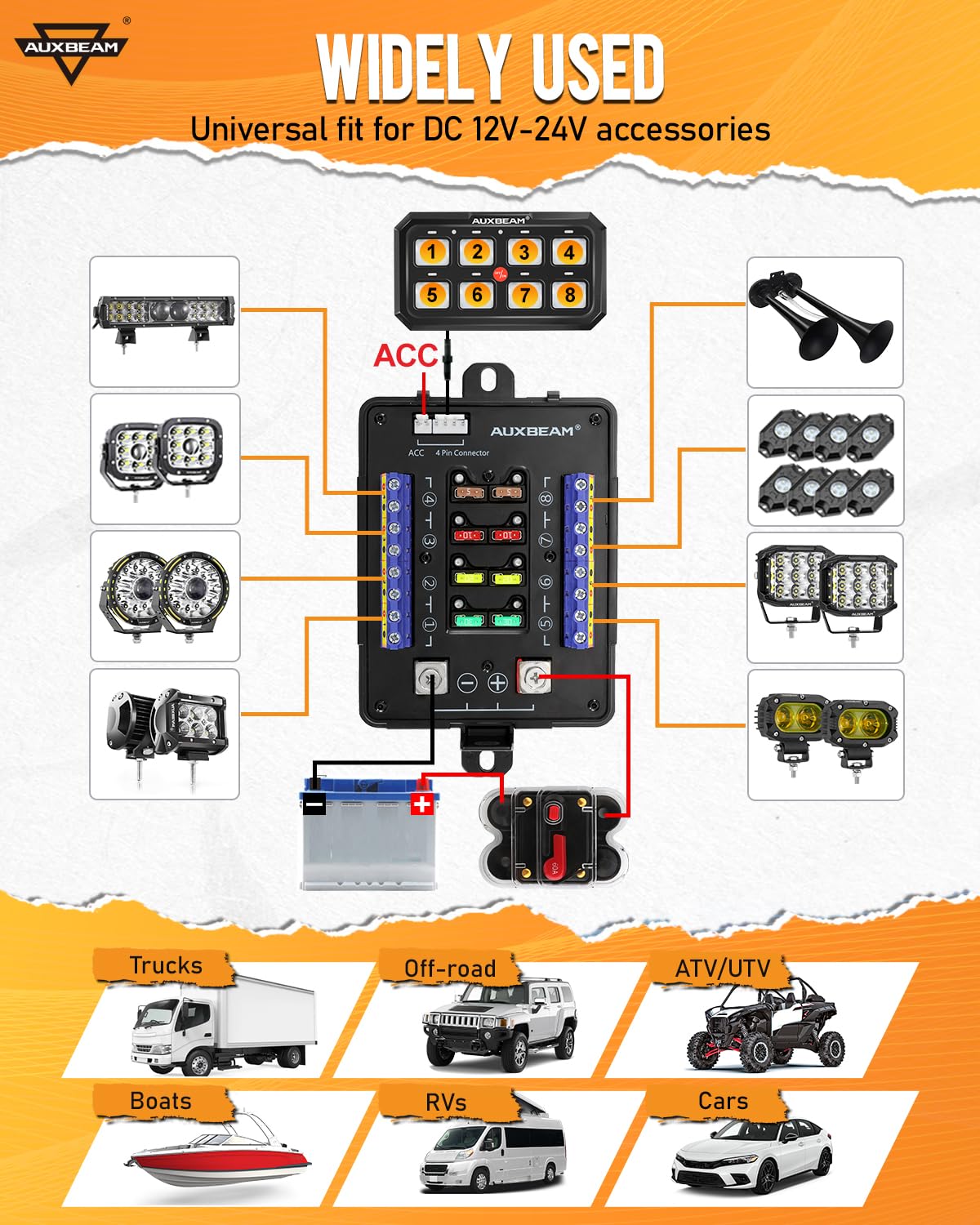 Auxbeam 8 Gang Switch Panel RB80 XL 5.3 Inch RGB LED Toggle Momentary Pulsed Switch Pod - 12-24V Waterproof Auxiliary Circuit Control Relay System for Truck, Car, Offroad, UTV - Perfect for Off-Roading, Camping & Emergency Lighting - 2 Years Warranty