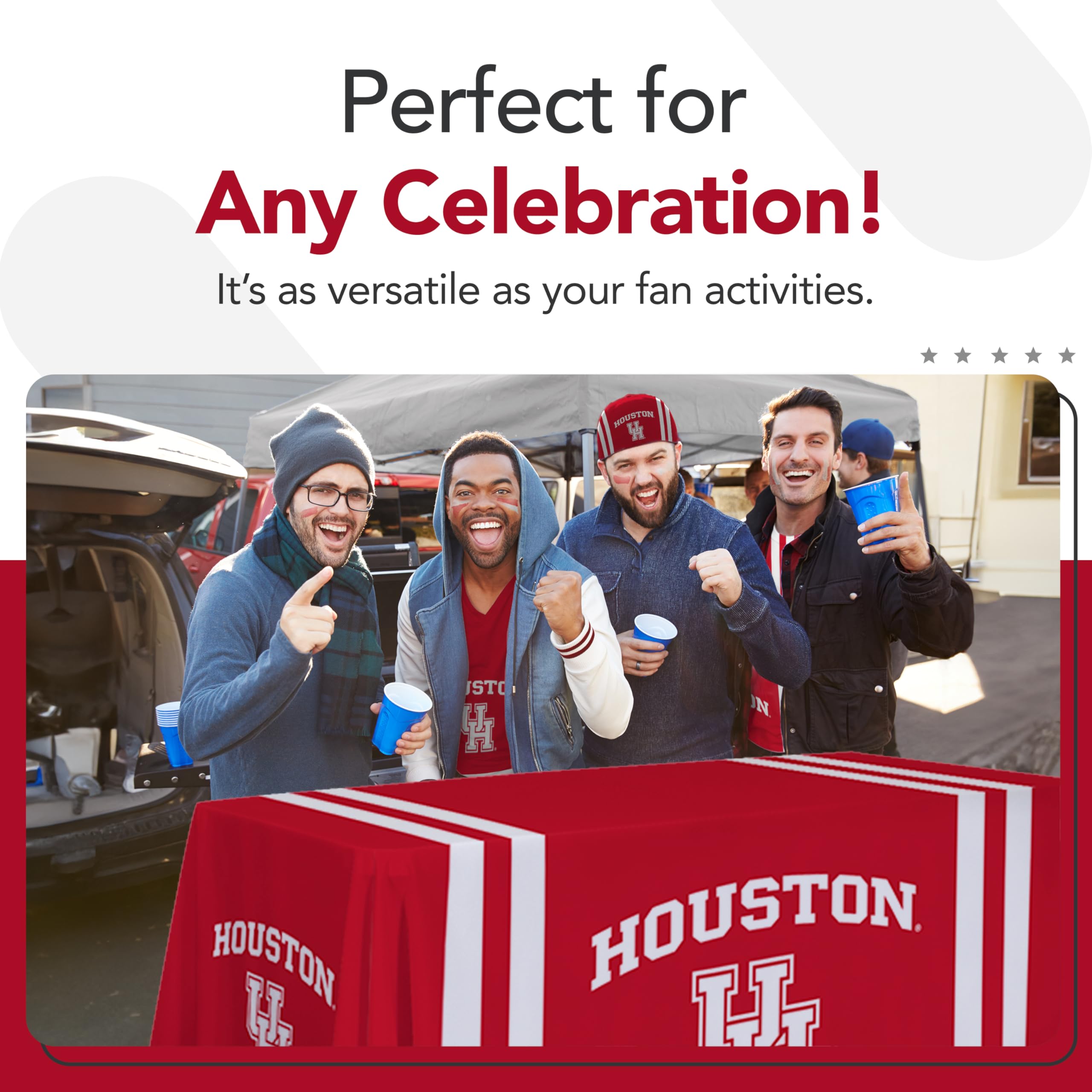Houston Cougars 6ft NCAA Licensed College Sports Table Throw - Polyester Draped Tablecloth for Game Day Decor (White & Red) - Perfect for Tailgating, Dorm Room & Fan Cave Decorations