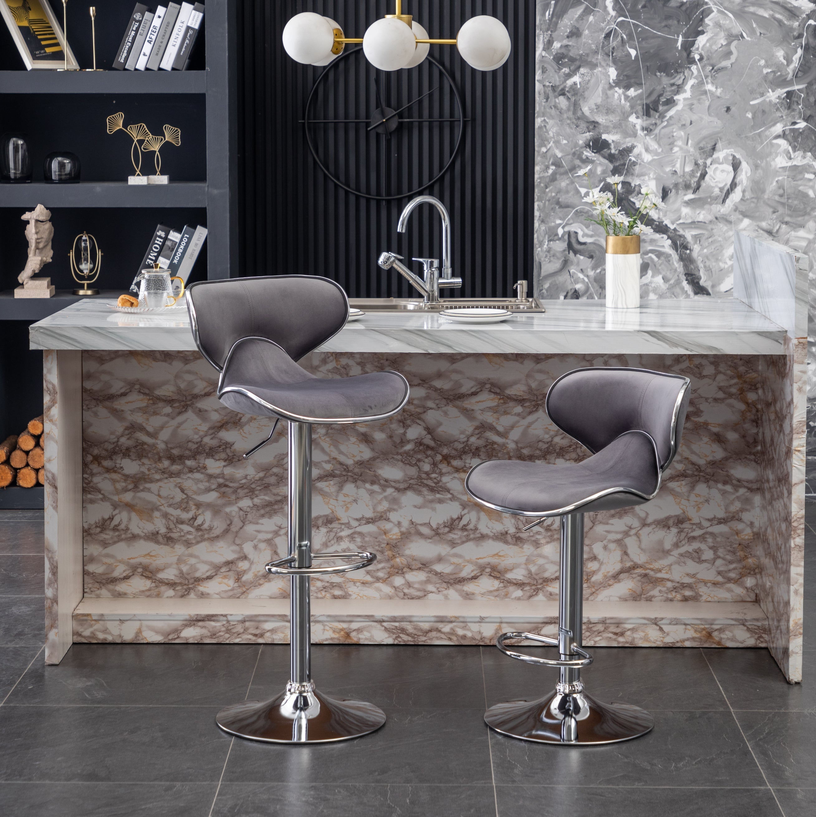 Roundhill Furniture Masaccio Velvet Upholstered Adjustable Swivel Bar Stool - Set of 2, Gray - Modern Kitchen Island & Home Bar Stools for Dining & Entertaining