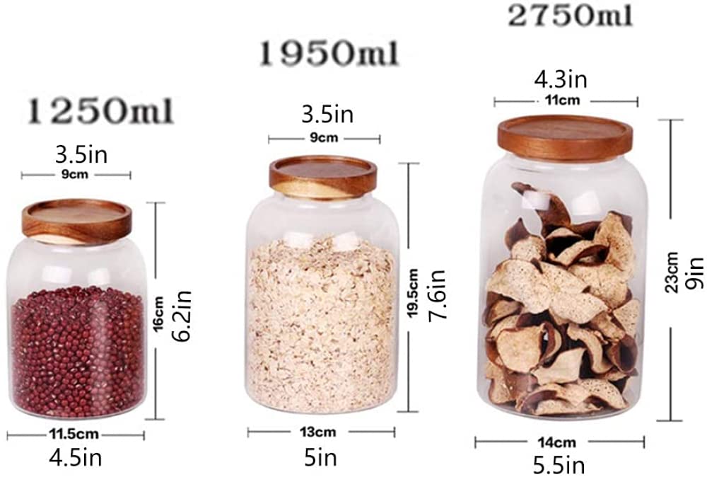 3-Piece Clear Glass Storage Jars with Airtight Wooden Lids - Kitchen & Pantry Organizers for Food, Herbs, Tea, Coffee, Spices | Perfect for Meal Prep, Baking & Home Decor