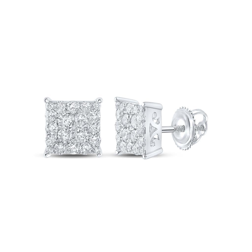 10K White Gold Women's Round Diamond Square Cluster Stud Earrings - 1 CTTW Total Weight - Perfect for Weddings, Parties & Everyday Elegance