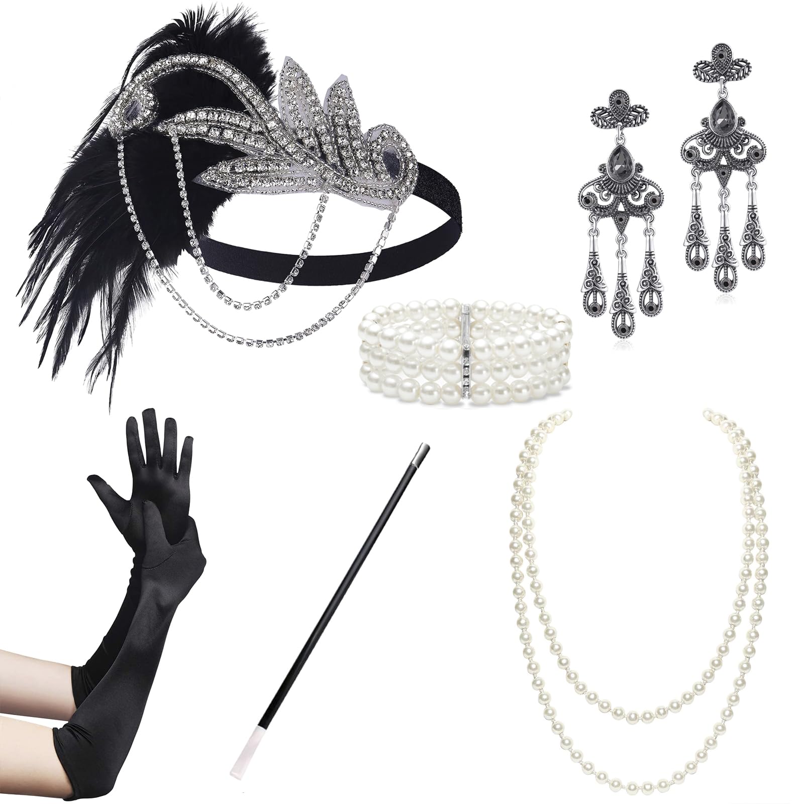 1920s Flapper Accessories Set - Gatsby Costume Headband, Pearl Necklace & Gloves for Women | Roaring 20s Themed Party, Halloween Costume, Vintage Fashion Outfit