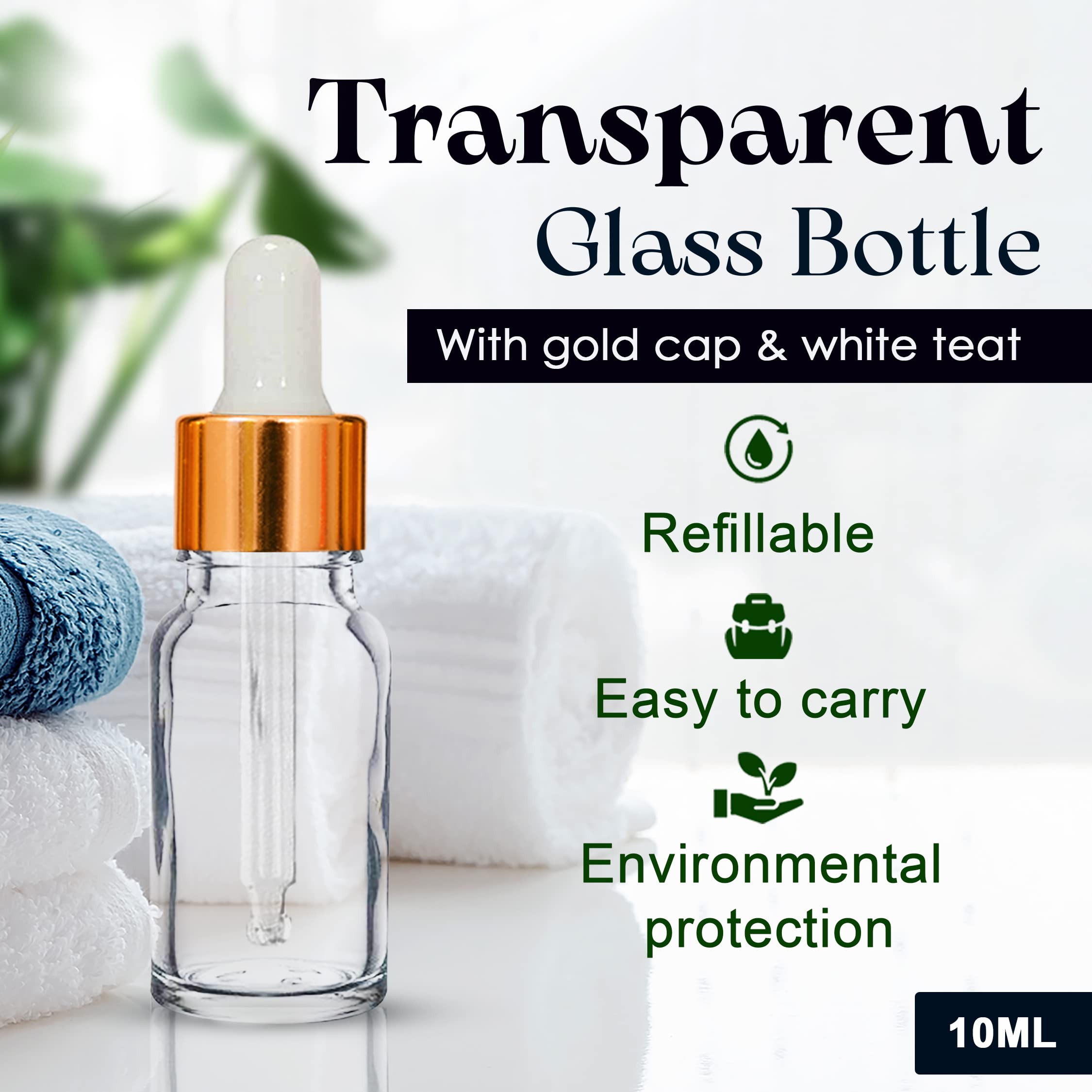 NSB Herbals 10ml Clear Round Empty Glass Bottle with Glass Dropper & Golden Ring - Refillable Essential Oil Perfume Bottles with White Silicone Teat (Pack of 3) for Aromatherapy, DIY Beauty, Travel Size Liquids