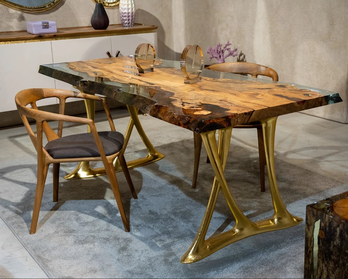 Natural Epoxy Resin and Linden Wood Side Dining Table with Aluminum Legs | Modern Home Decor for Living Room, Kitchen, or Outdoor Patio