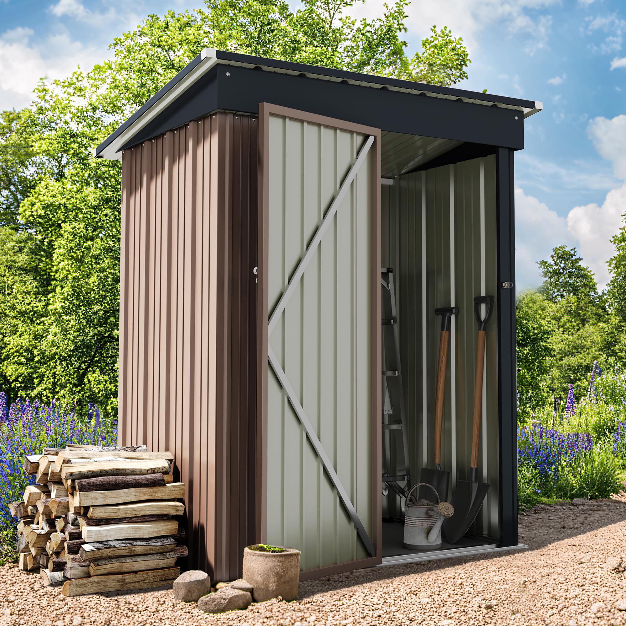 Greesum 5x3 ft Outdoor Storage Shed - Metal Utility Tool Shed with Lockable Door for Garden, Patio & Backyard Organization (Brown) | Perfect for Storing Lawn Mowers, Gardening Tools & Outdoor Equipment