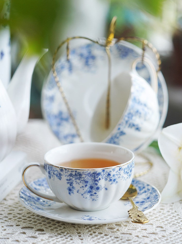 Royal Blue Bone China Porcelain Tea Cup Set - Elegant British Ceramic Tea Cups with Saucers for Afternoon Tea, Coffee & Gifts - Premium Blue Floral Tea Set in Luxury Gift Box - Perfect for English Tea Parties, Bridal Showers & Home Decor