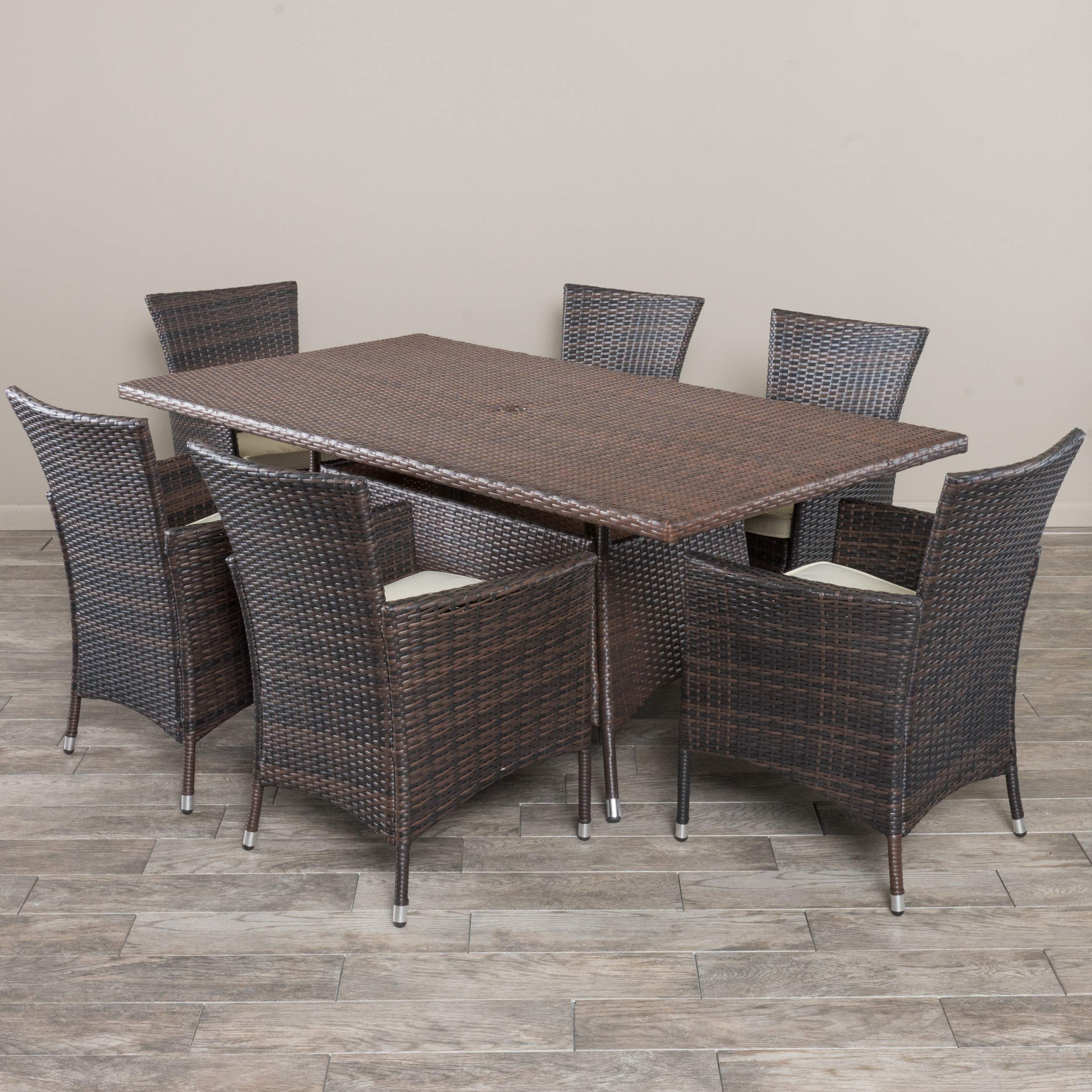 Christopher Knight Home Jennifer 7-Piece Outdoor Wicker Dining Set - Weather-Resistant Patio Furniture for Garden, Poolside & Backyard Dining - Multibrown Rattan Table & Chairs Set