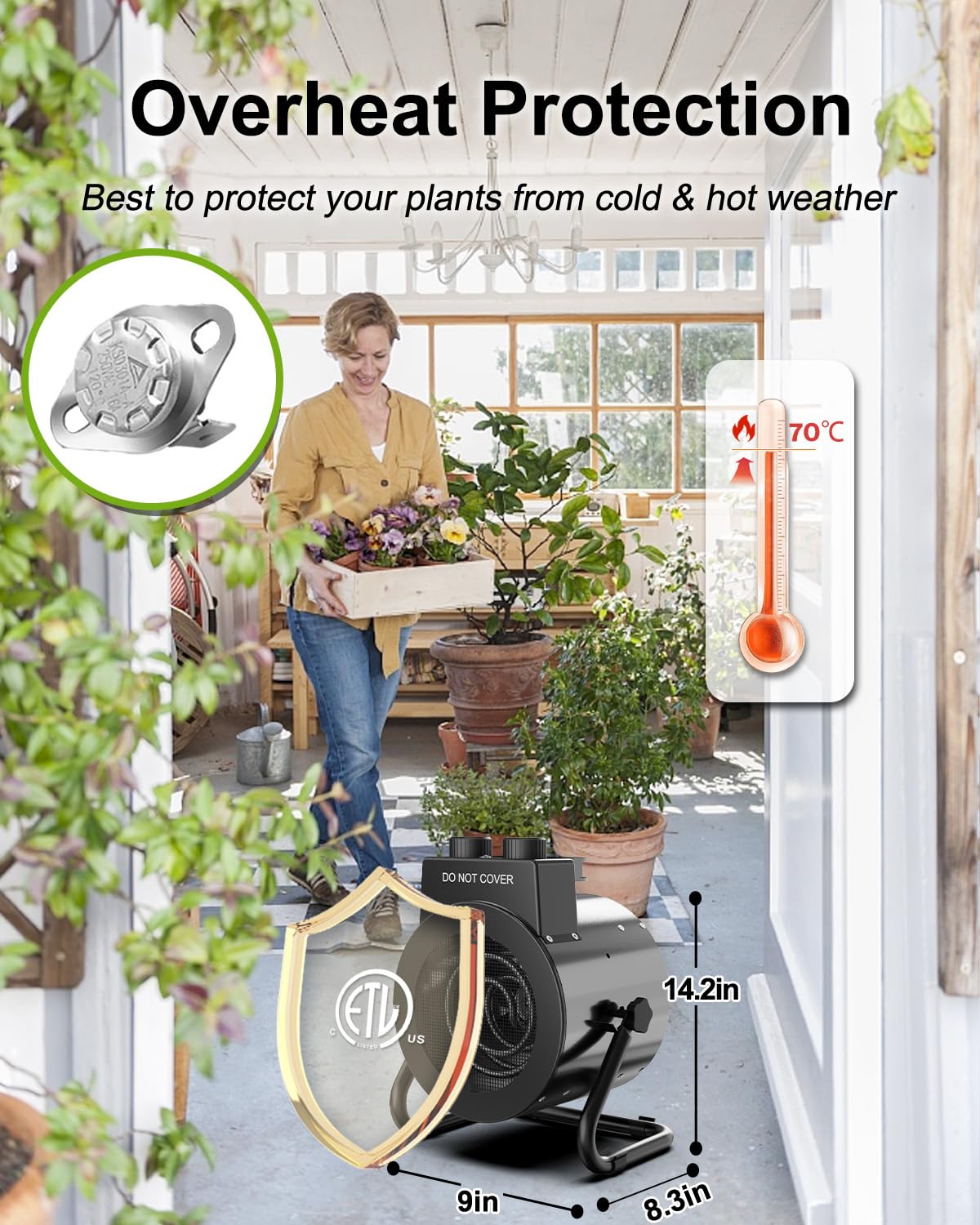 1500W Stainless Steel Electric Greenhouse Heater with Thermostat - Outdoor Fan Heater with Overheat Protection & 3S Fast Heating for Greenhouses, Patios, Garages, Flower Rooms | Perfect for Winter Plant Protection & Space Heating