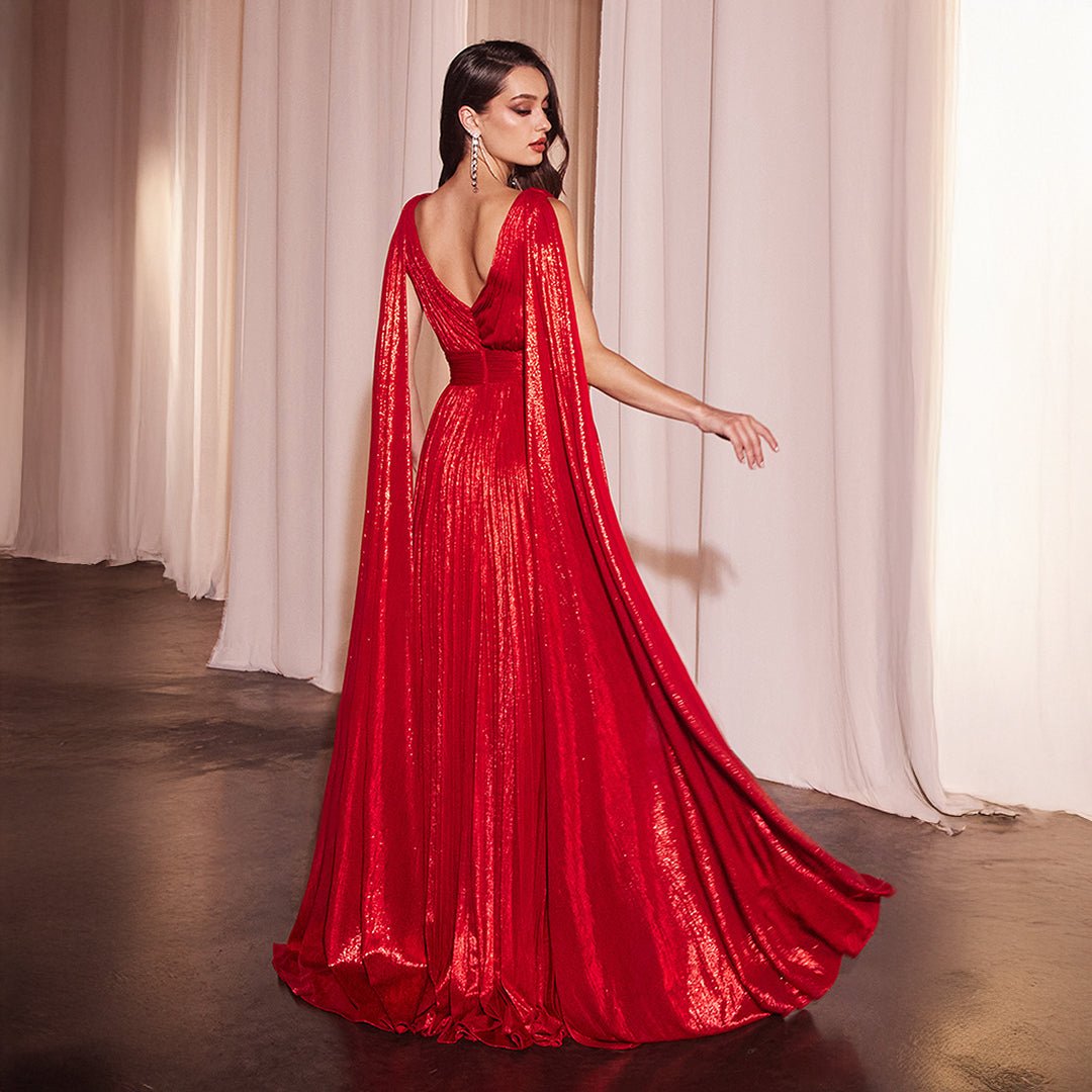 Ladivine by Cinderella Divine Metallic Red Pleated A-Line Prom Gown - Elegant Formal Dress for Homecoming, Ball, and Special Occasions