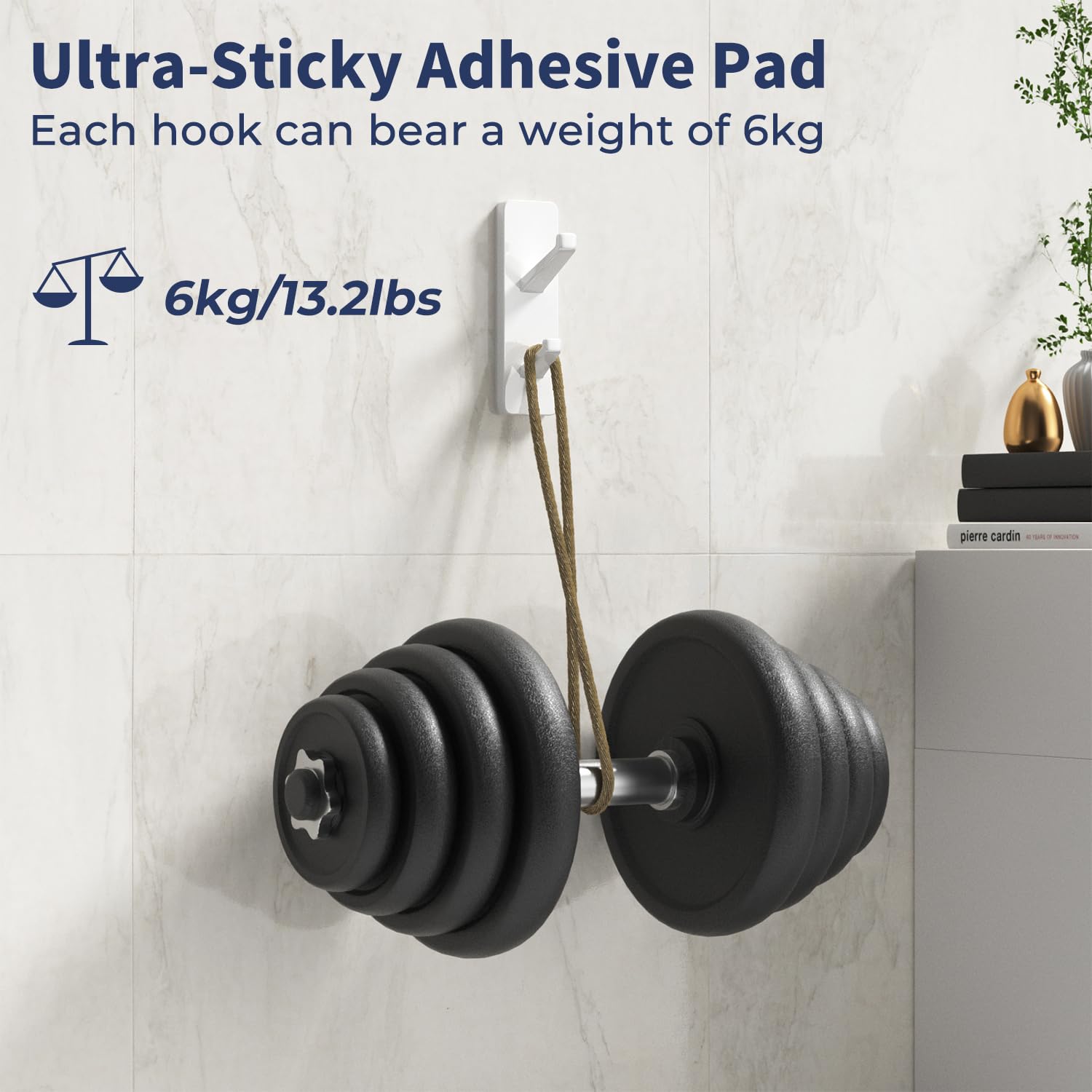 Self Adhesive Wall Hooks - 6 Pack Heavy Duty Sticky Hooks (13 LB Capacity) for Bathroom, Kitchen, Shower - White Metal Coat Hooks & Towel Hangers - Perfect for Organizing Home, Office, Dorm Room